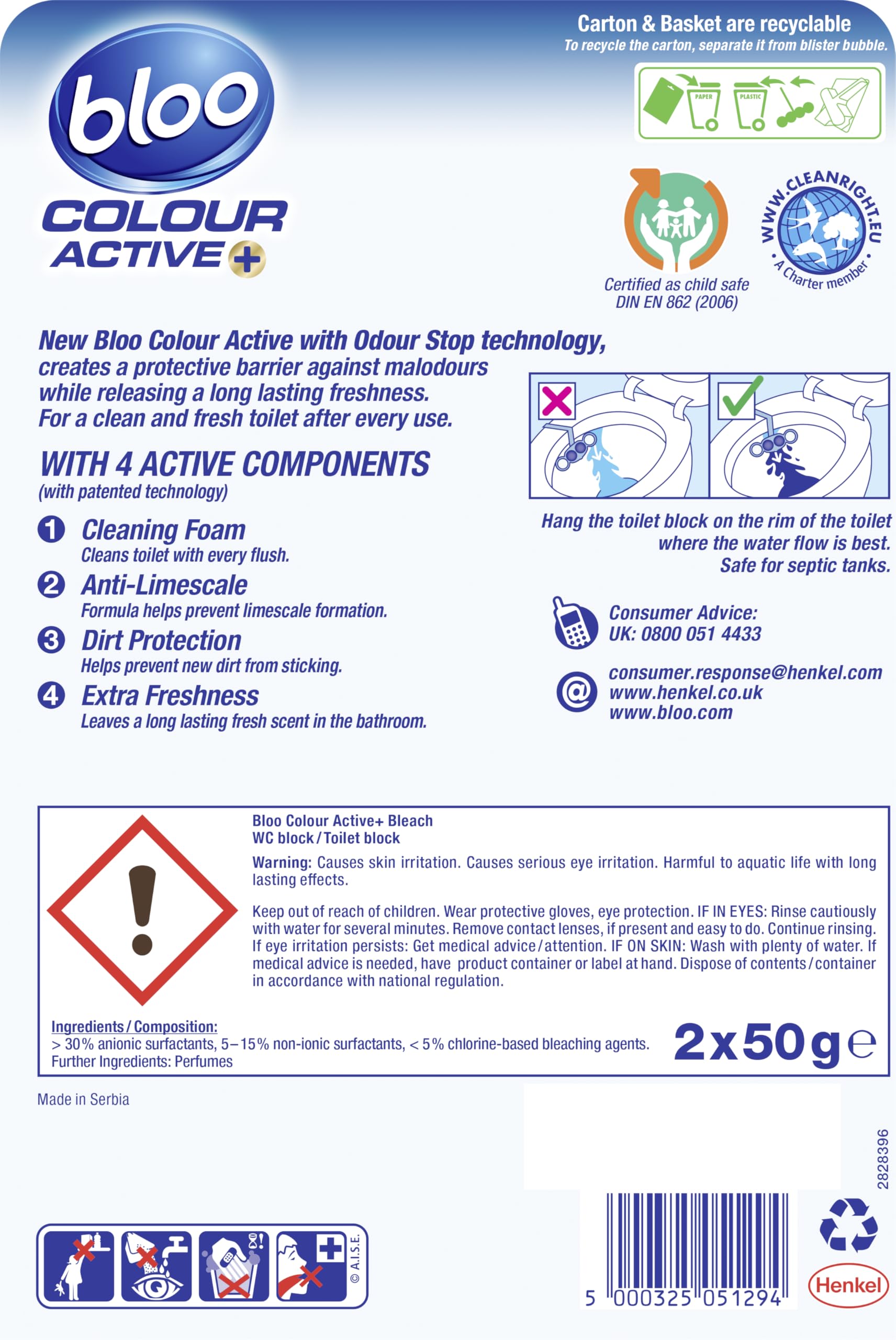 Bloo Colour Active Toilet Rim Block with Bleach, Anti-Limescale, Cleaning Foam | 2 Count 2