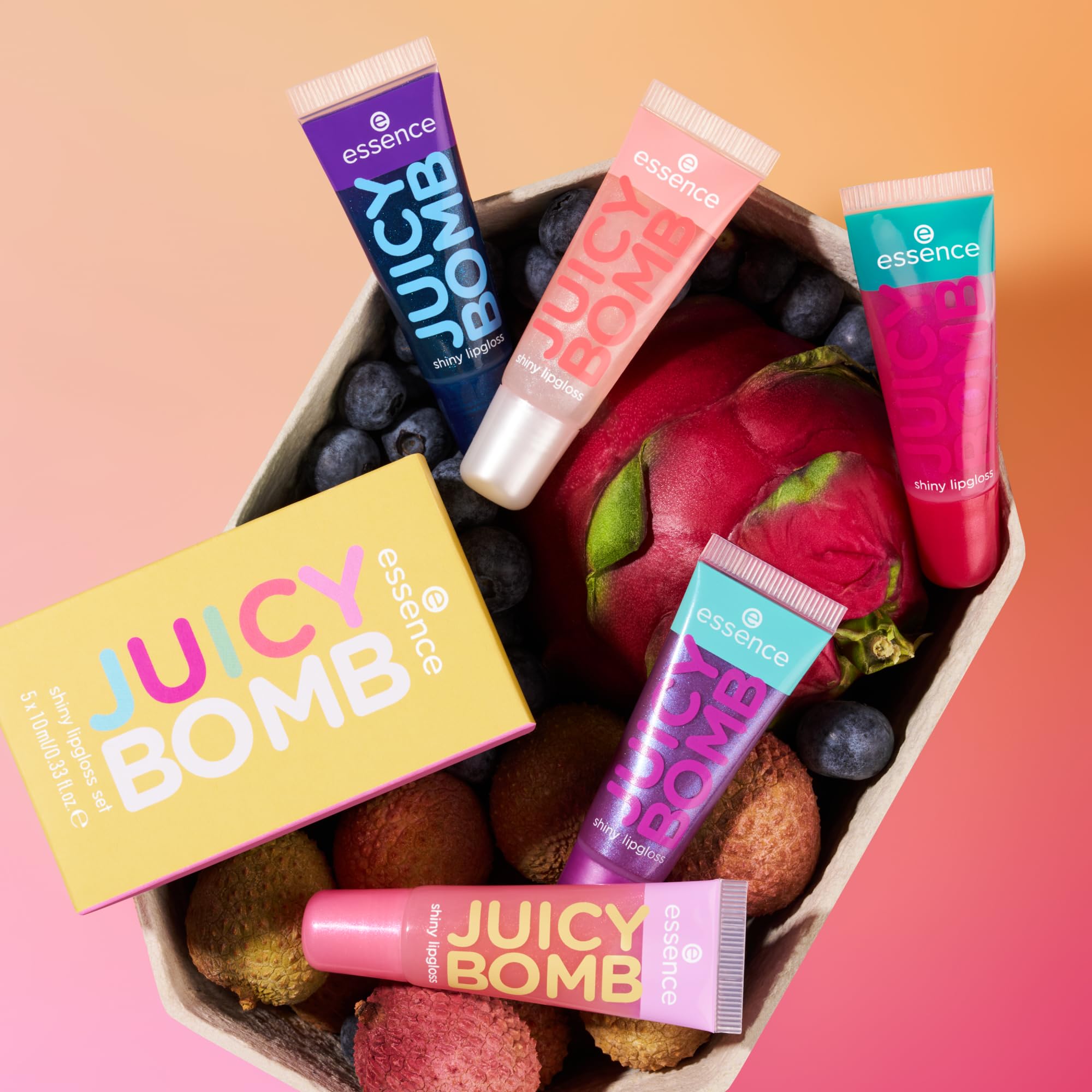 essence JUICY BOMB Lip Gloss Set - 5 Shades | Sheer, Shiny Finish | Fruity Scents