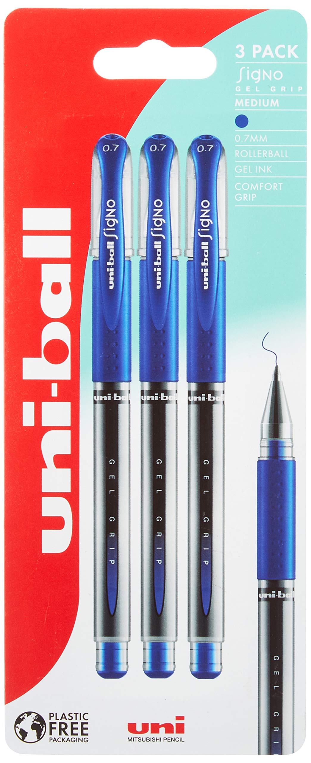 uni-ball UM-151S Gel Grip Rollerball Pen - Medium 0.7mm Tip | Blue Ink | Pack of 3