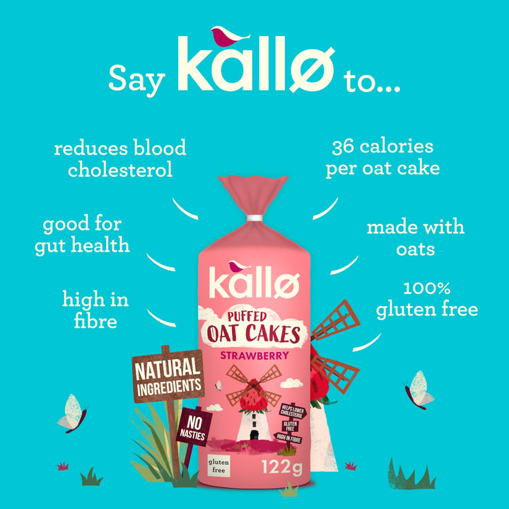 Kallo Strawberry Puffed Oat Cakes - Gluten-Free, High in Fibre, Cholesterol-Lowering