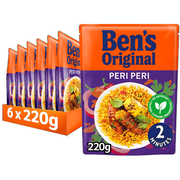Ben's Original Peri Peri Microwave Rice, 6 x 220g Pouches - Vegetarian, No Artificial Additives