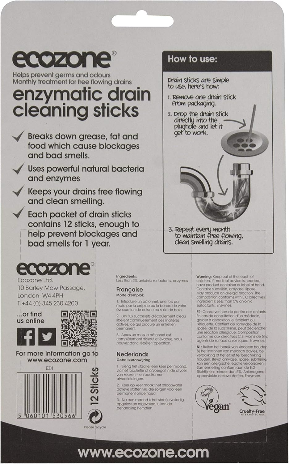 Ecozone Enzymatic Drain Sticks - Pack of 12 for Natural Drain Maintenance