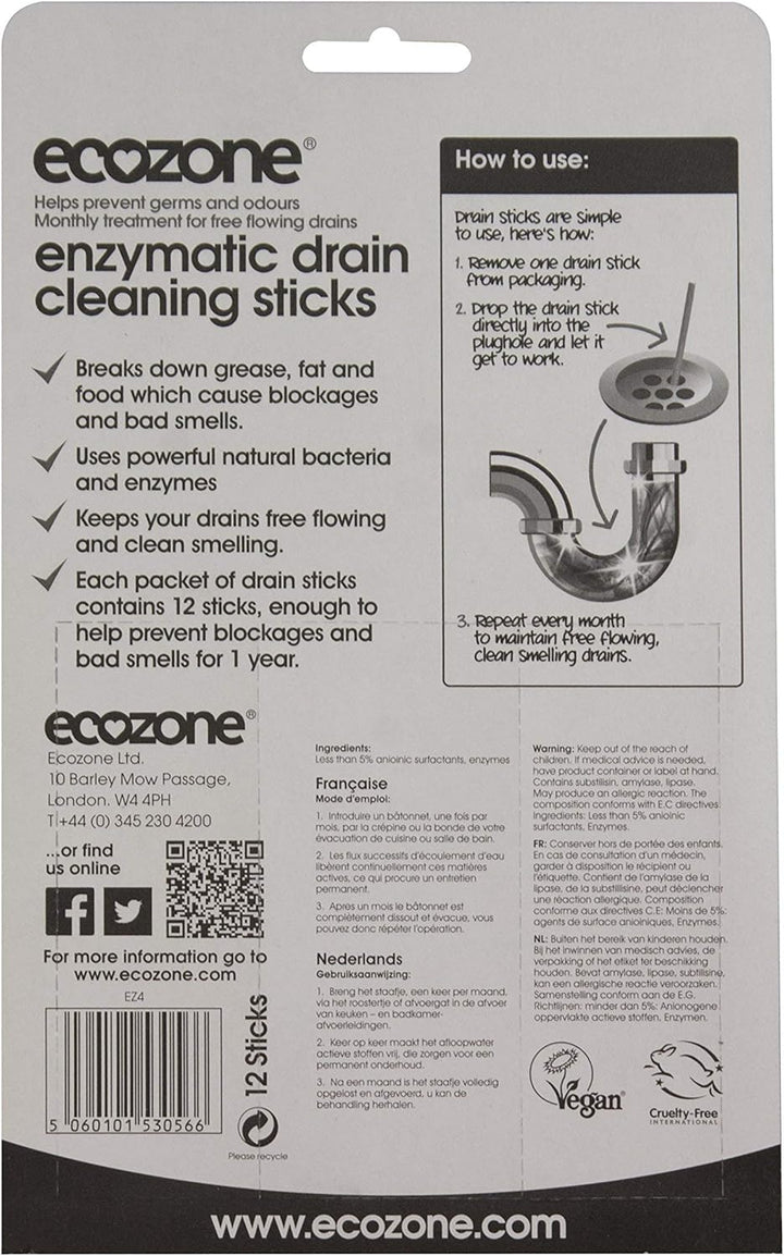Ecozone Enzymatic Drain Sticks - Pack of 12 for Natural Drain Maintenance