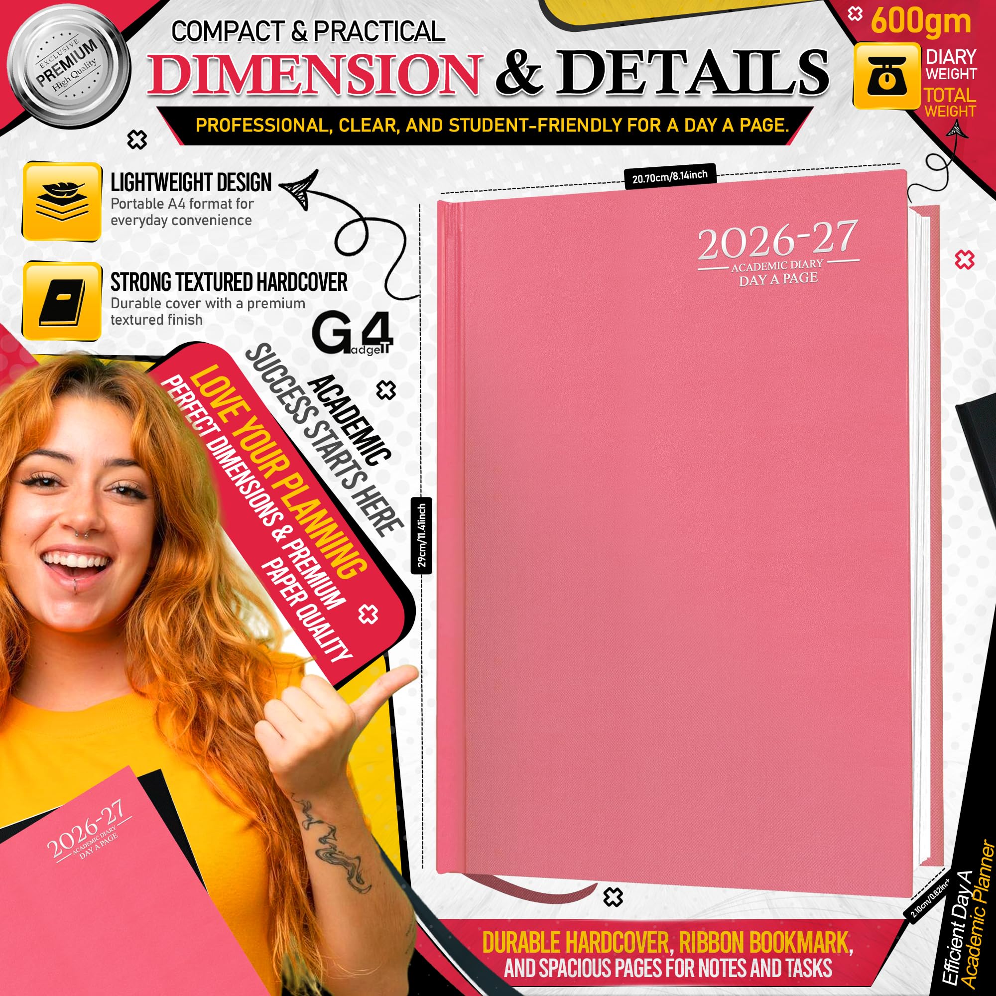G4GADGET 2026-2027 Academic Diary - A4 Day A Page, Pink Hardback