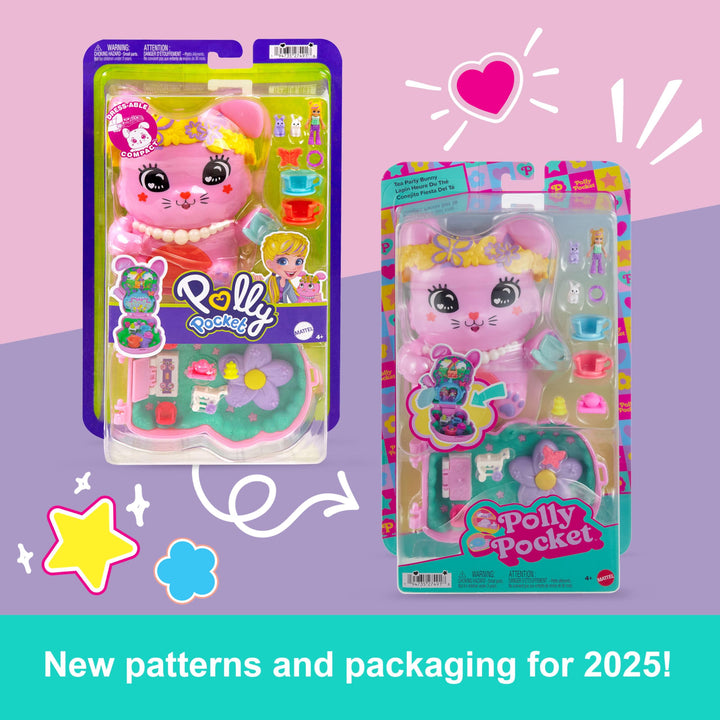 Polly Pocket Tea Party Bunny Compact Playset - Doll with 10 Accessories & 2 Pet Bunnies, Ages 4+