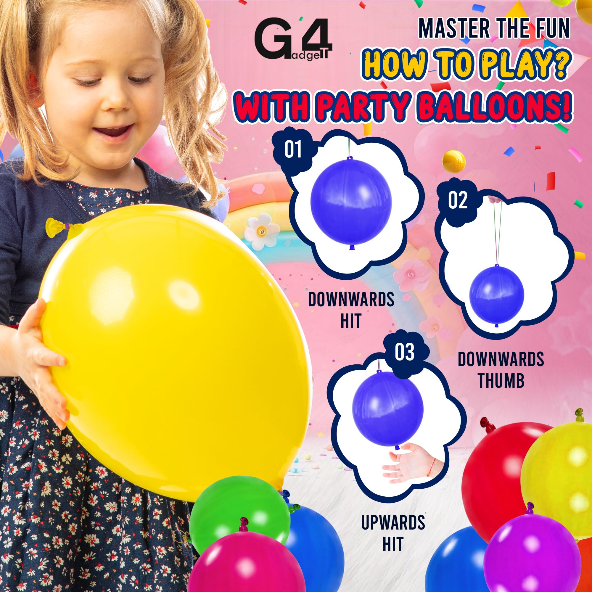 G4GADGET 15 Pack Punch Balloons - Assorted Colors, Large Size, Elastic Bands 3