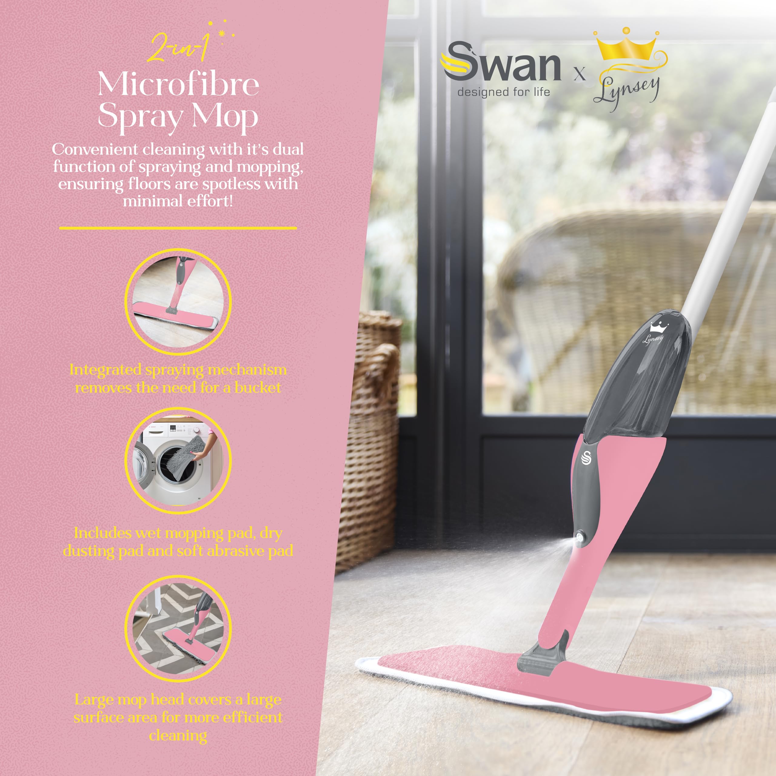 Swan Lynsey Queen of Clean Spray Mop - 2-in-1 Wet Mopping & Dry Dusting | Pink 2