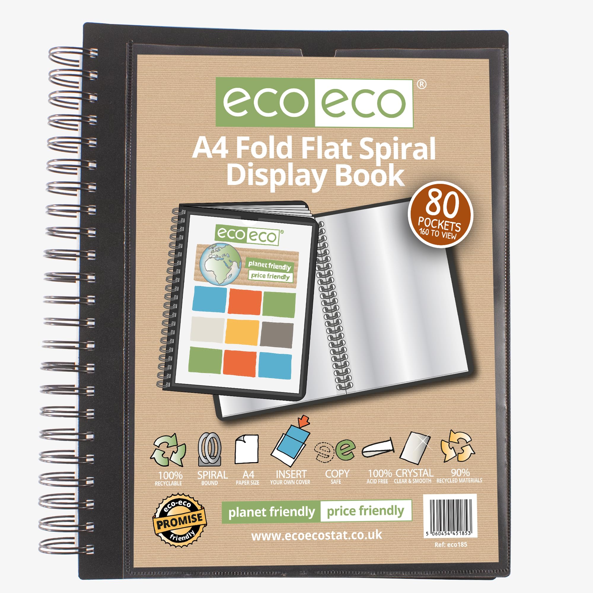 eco-eco A4 Spiral Bound Display Book - 80 Pockets, 90% Recycled, Black | Personalizable Sleeve 1