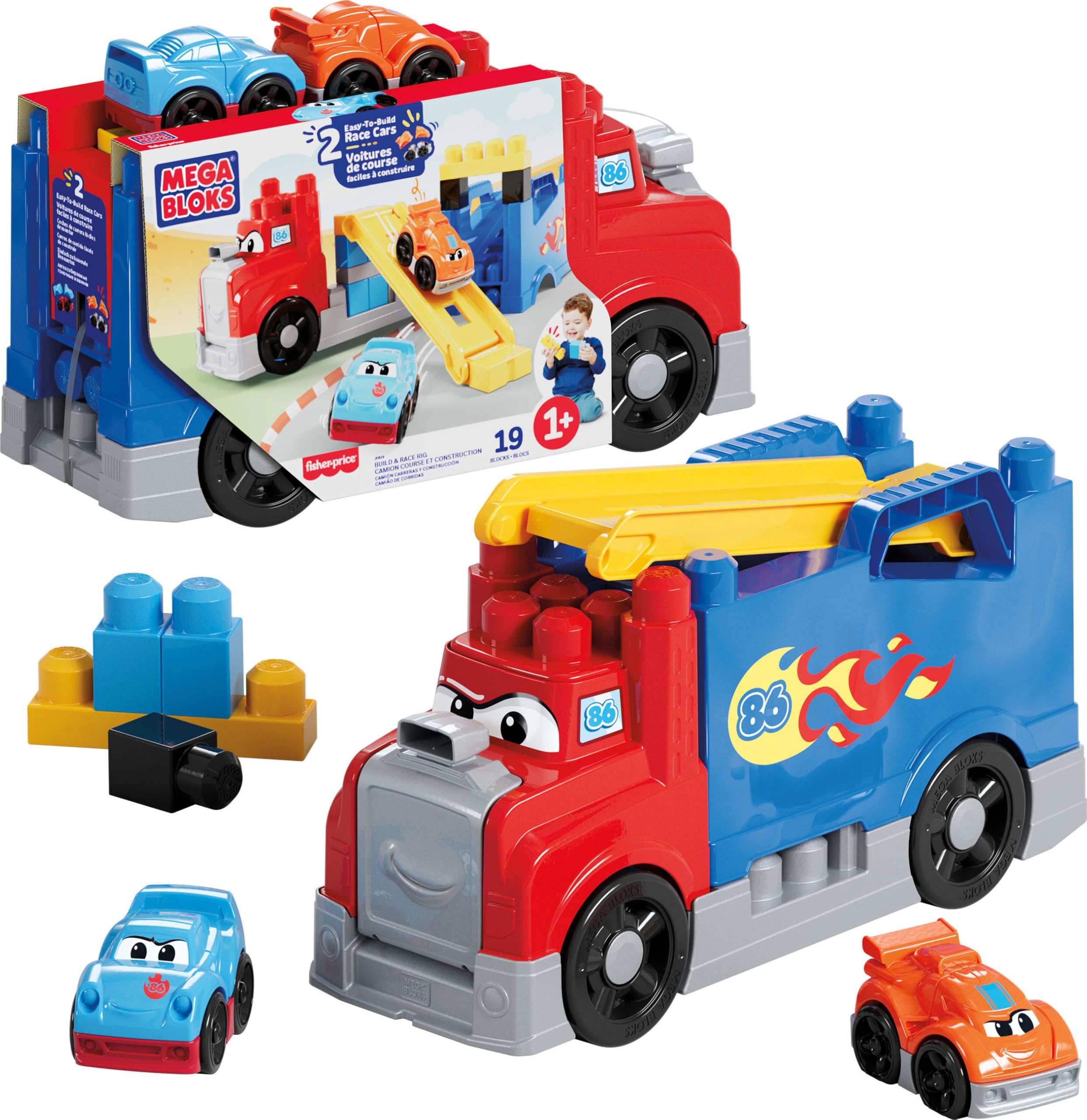 MEGA BLOKS First Builders Build & Race Rig - 19-Piece Toddler Building Set with Race Cars