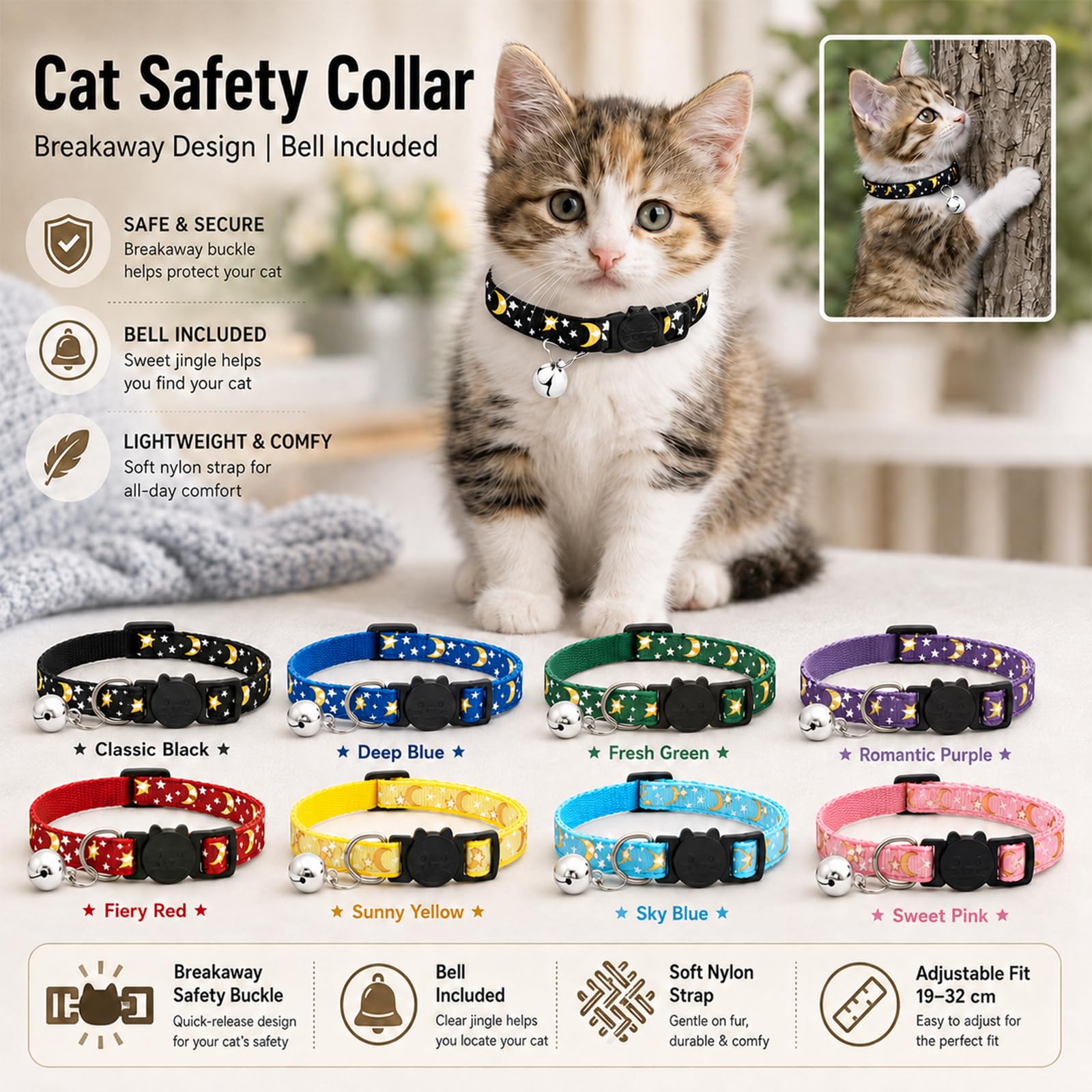 Muexoee Reflective Adjustable Cat Collar with Bell, Moon Star Print, Blue, 2 Pack