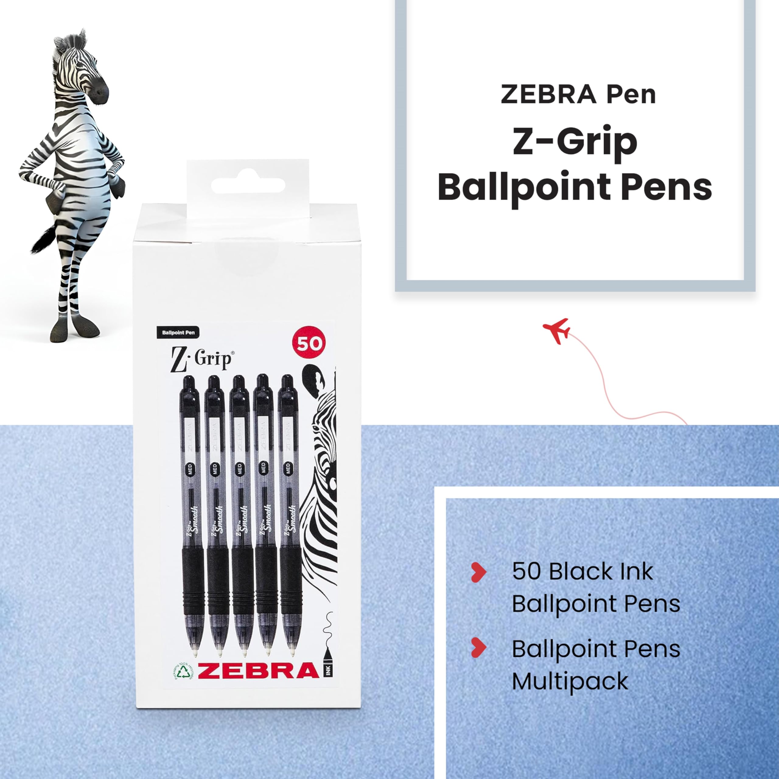 Zebra Pen Z Grip Smooth Black Retractable Ballpoint Pens - Easy Glide Ink, Comfort Grip, Medium Point | 50 Pack 2