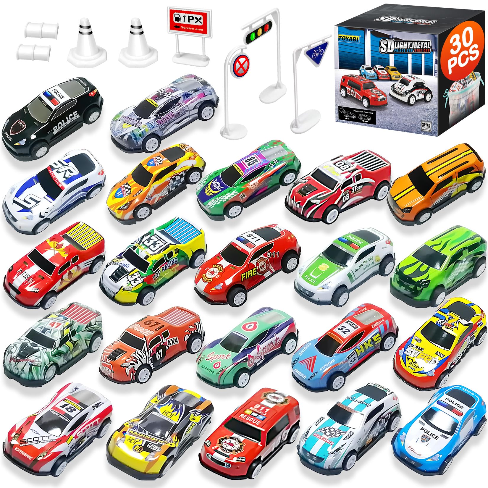 TOYABI 22Pcs Metal Race Car Set with 8 Roadblocks | Pull Back Action | Metal Shell