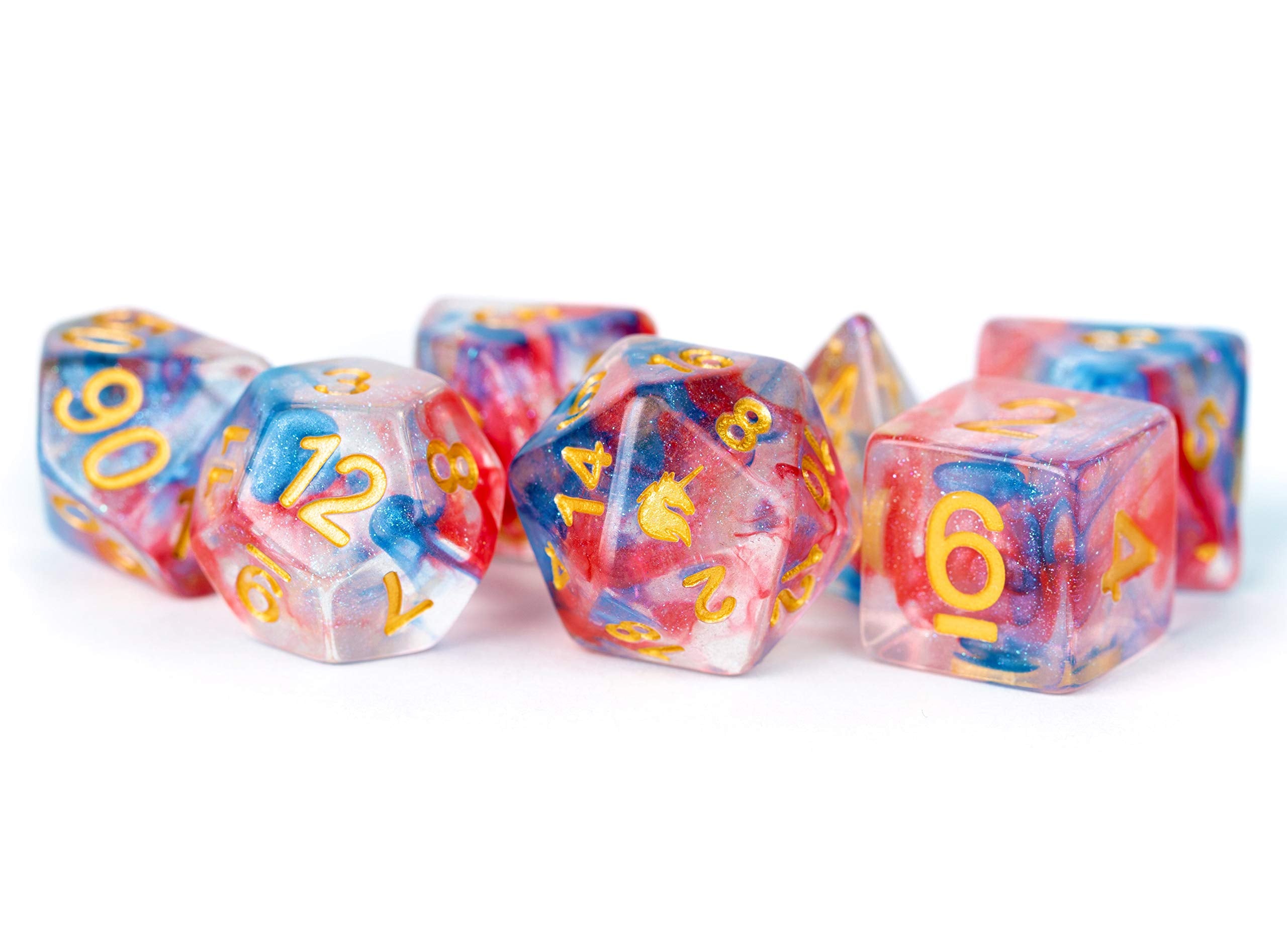 Metallic Dice Games Cosmic Carnival Unicorn 7-Piece Polyhedral Dice Set | 16mm Acrylic | Yellow Numbers 1