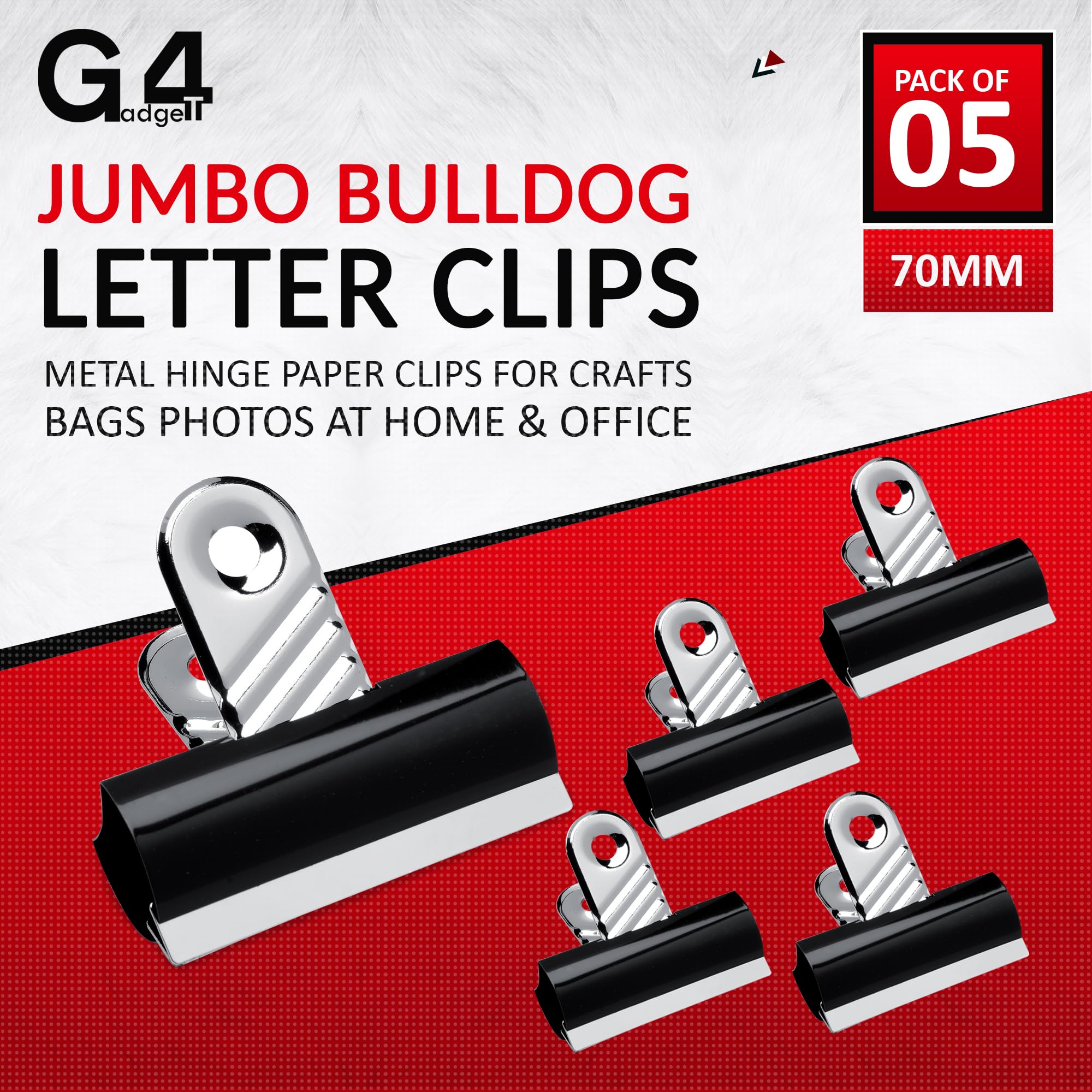 G4GADGET Jumbo Black Bulldog Clips - 70mm Heavy-Duty Metal Binder Clips | Pack of 5 | Rust-Resistant