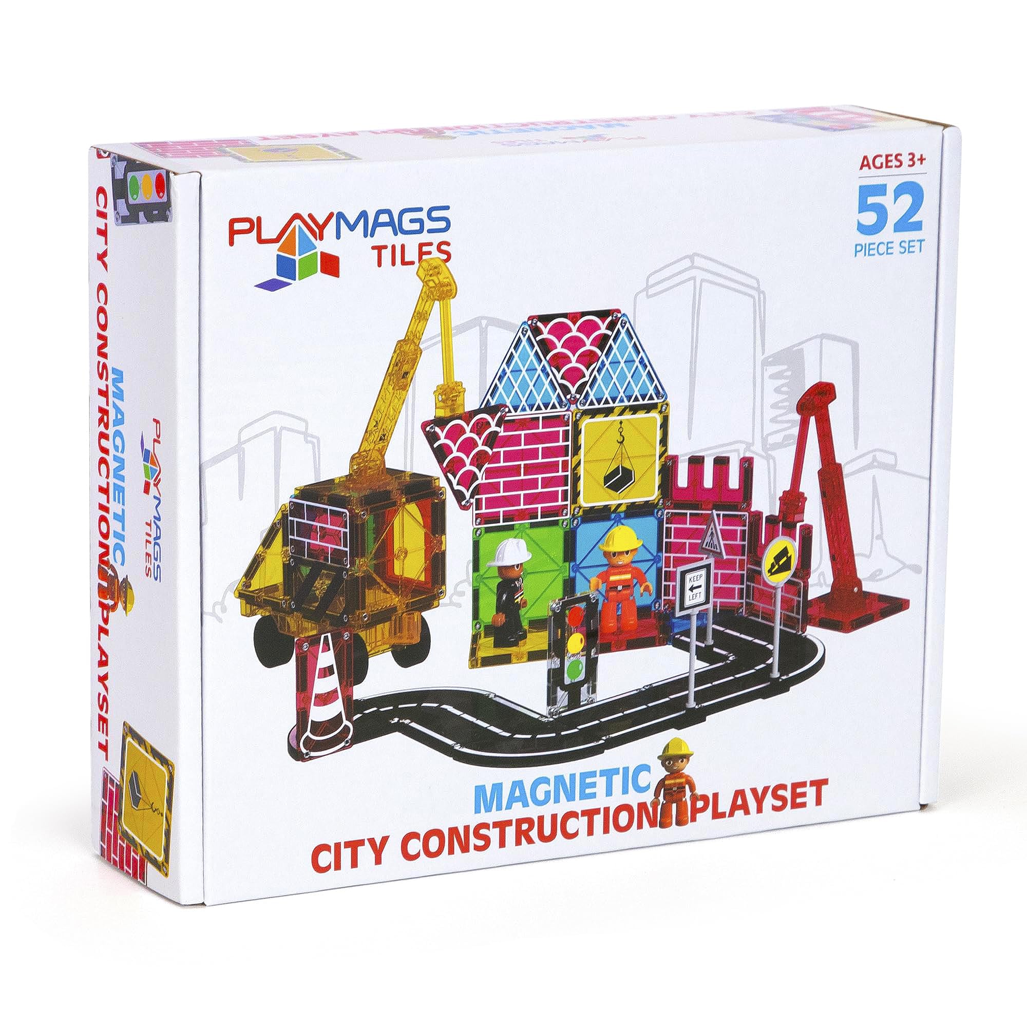 Playmags52-Piece City Construction Magnetic Tiles Set - STEM Building Toy for Kids3+