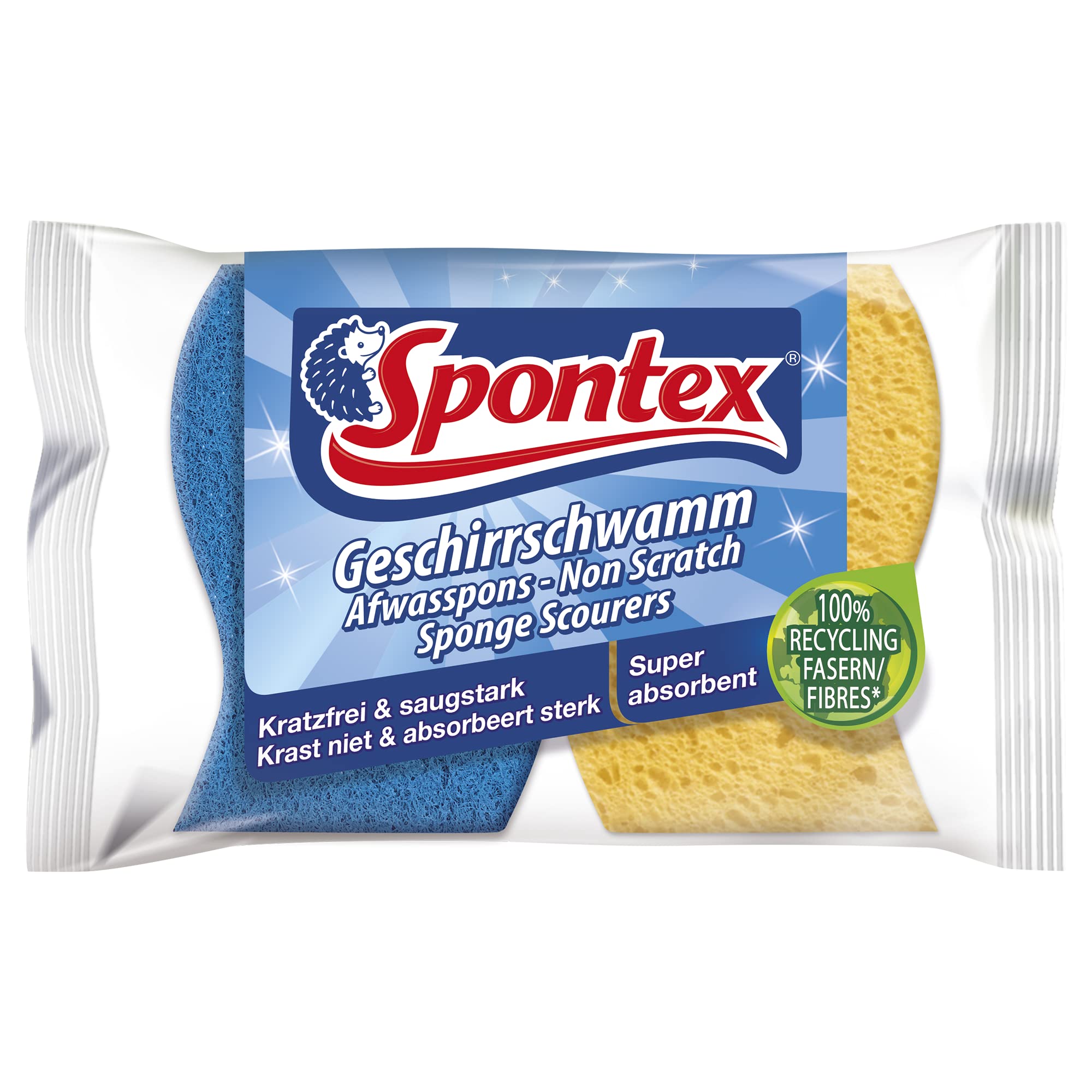 Spontex Non Scratch Super Absorbent Sponge Scourers - Pack of 2, Yellow/Blue | Biodegradable Cellulose 1