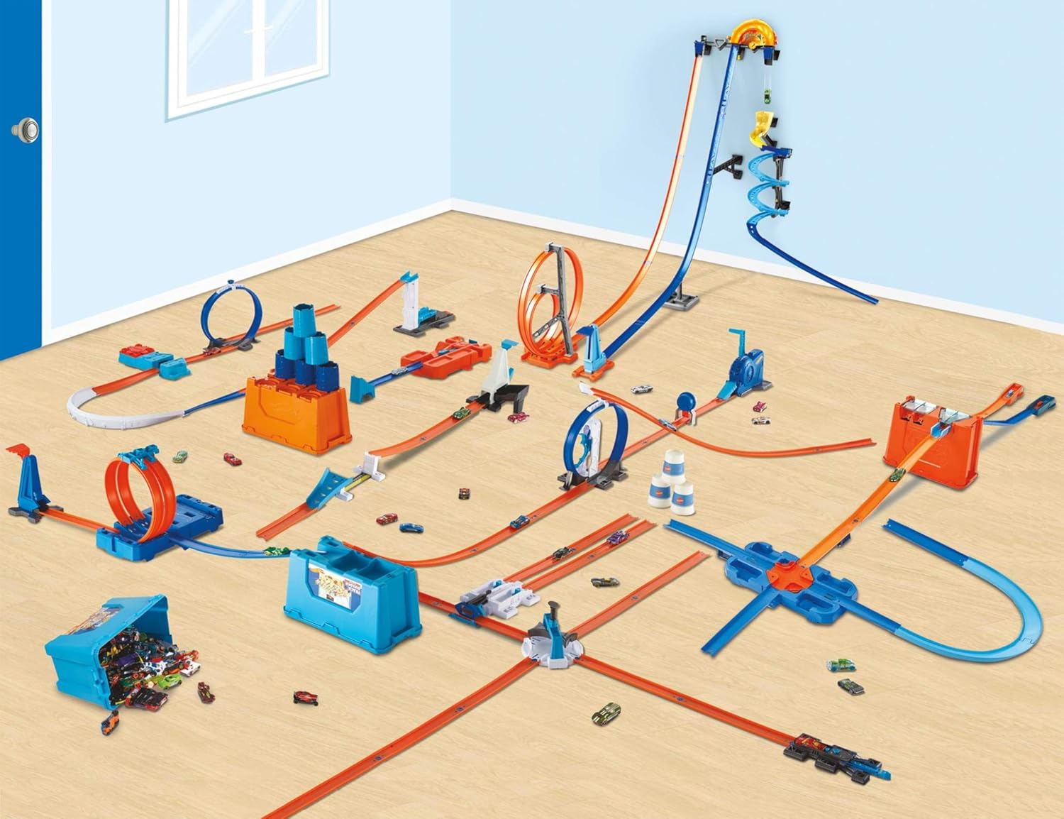 Hot Wheels GGP93 Deluxe Stunt Box - 36-Piece Track Set with Crash Zone & 2 Cars, Ages 6+ 7