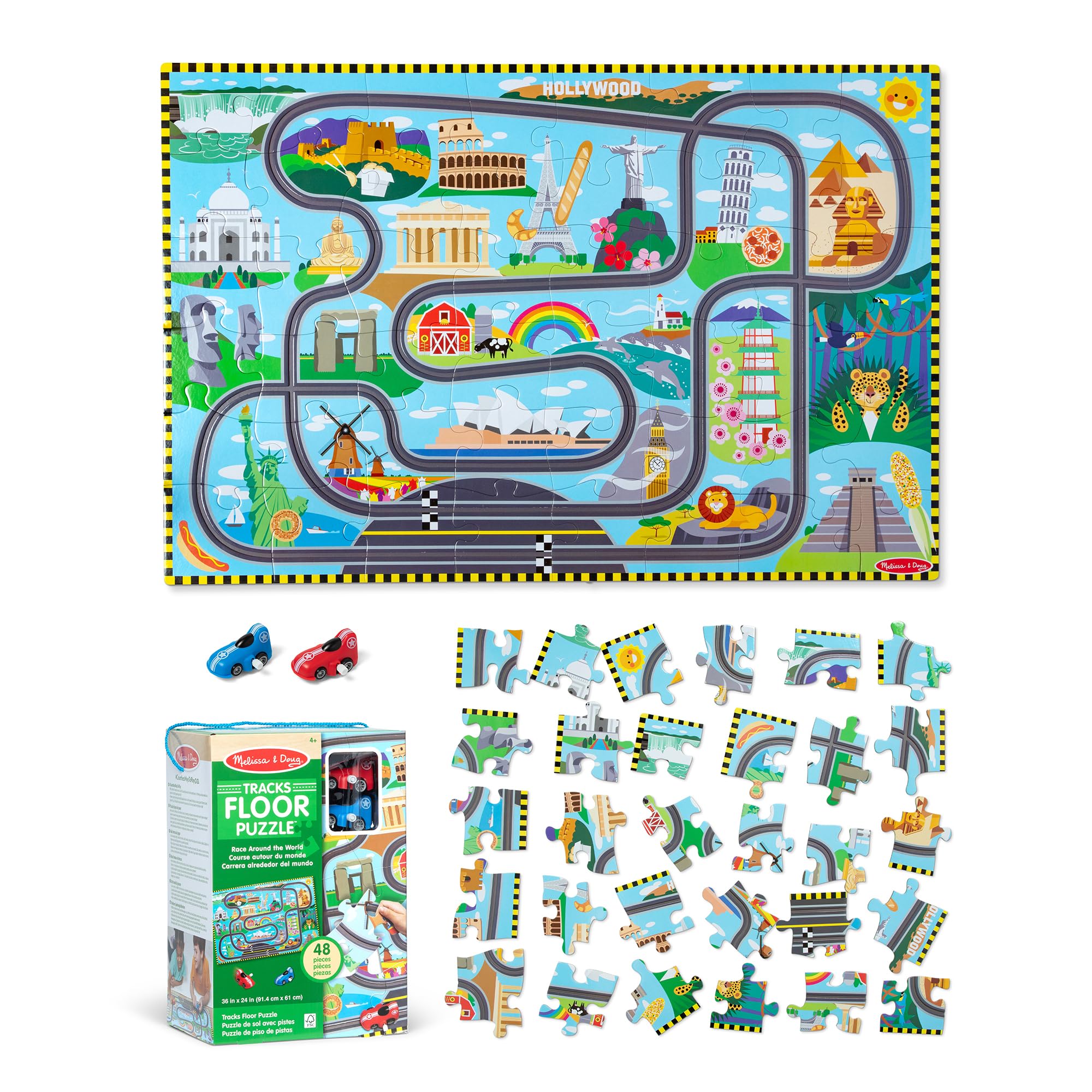 Melissa & Doug Race Around the World Floor Puzzle with 2 Wind-Up Vehicles | Age 3+ | 48 Pieces