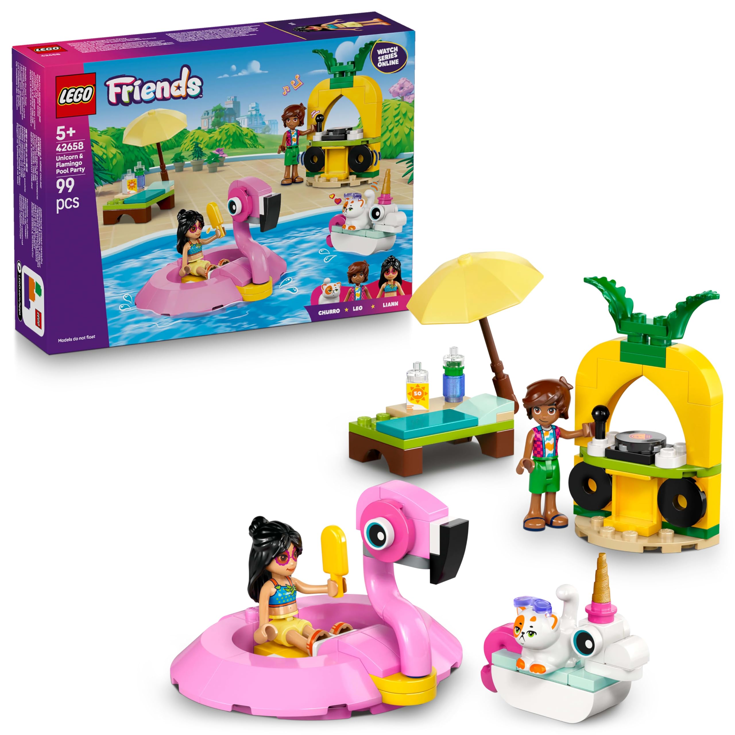 LEGO Friends Unicorn & Flamingo Pool Party Toy - 2 Mini Dolls, Buildable Floaties, 99-Piece Set for Kids 5+ 1