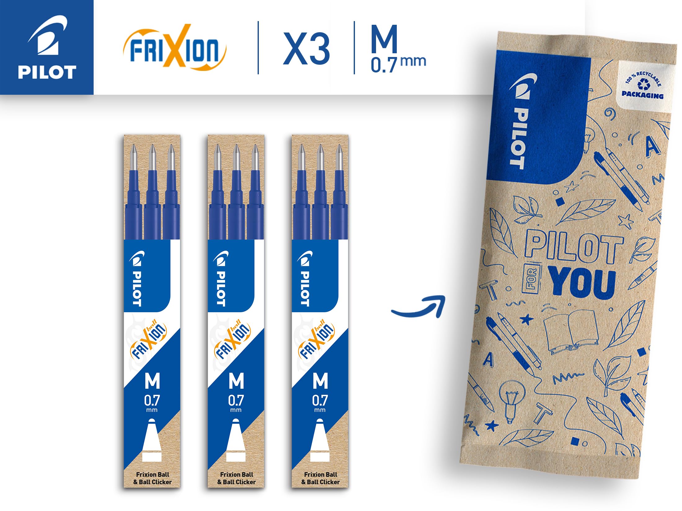 PILOT FriXion Erasable Rollerball Pen Refill - 0.7mm Tip, 0.4mm Line, Blue Ink | 9 Count