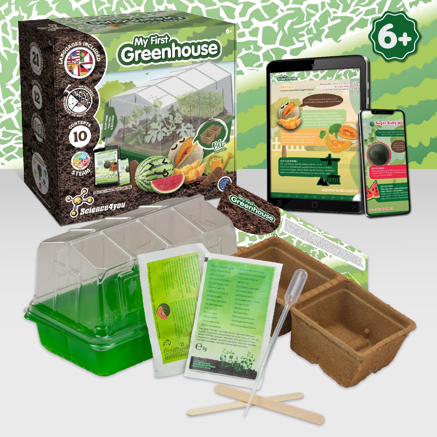Science4you Small Greenhouse for Kids - Grow Kit with Watermelon, Melon & Watercress Seeds for Children 6+ 9