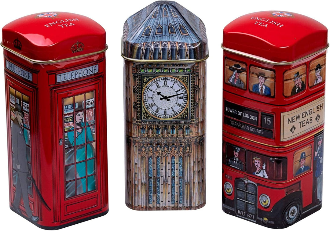New English Teas Traditional English Tea Triple Tin Gift Set - Big Ben, London Bus & Red Phone Box