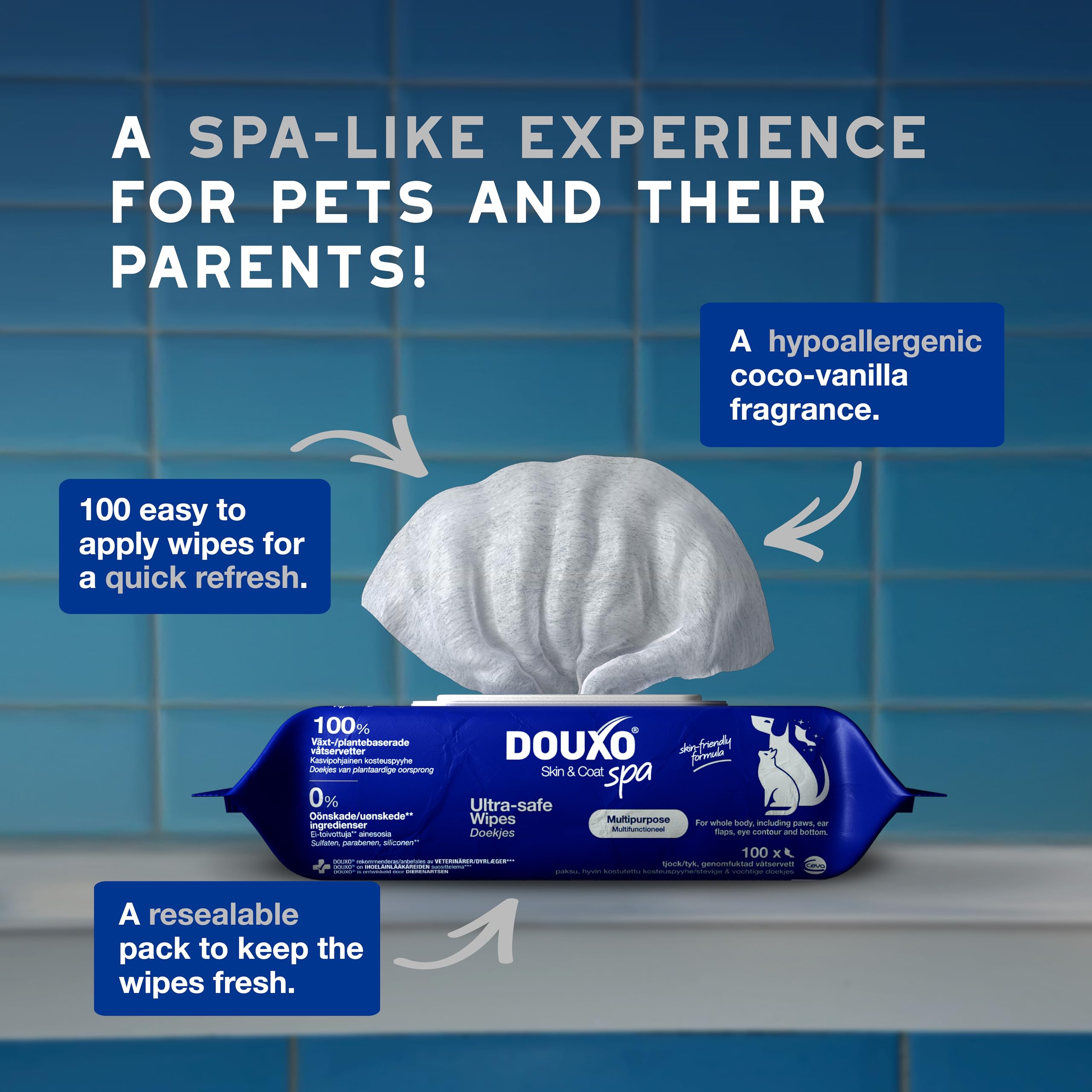 Douxo Skin & Coat Care - Multipurpose Grooming Wipes for Dogs and Cats | 100 Wipes | Hypoallergenic 5