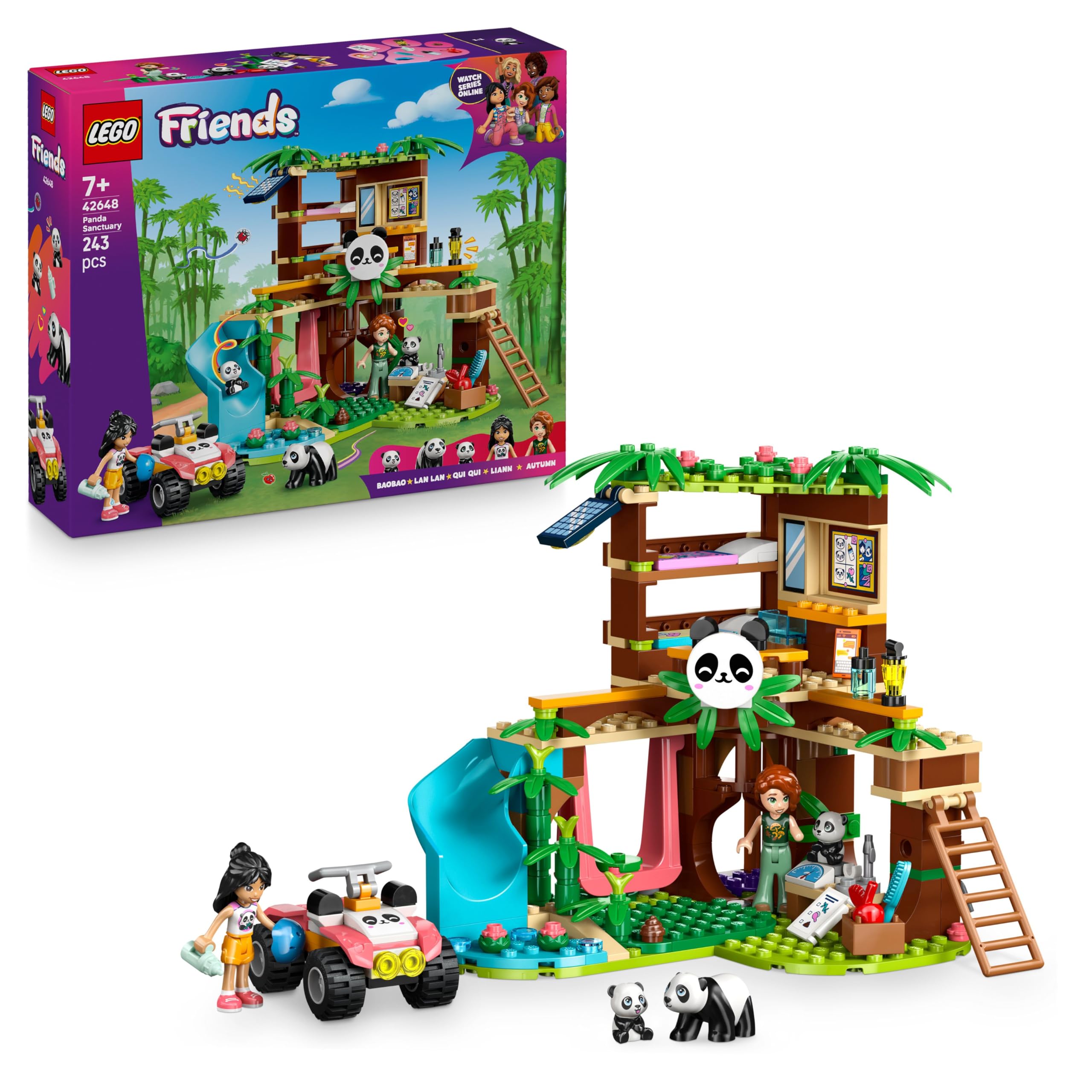 LEGO Friends Panda Sanctuary Animal Care Playset with Tree House, Quad Bike, 2 Mini Dolls & 3 Panda Figures - 243 Pieces