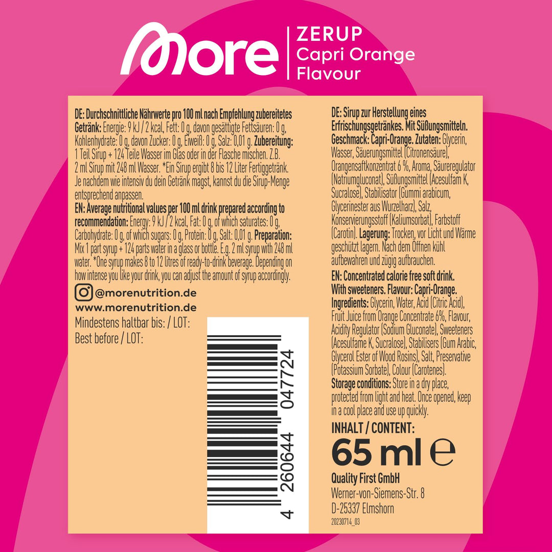 MORE Zerup Zero Calorie Syrup with Real Fruit Extracts - Capri Orange, 65 ml