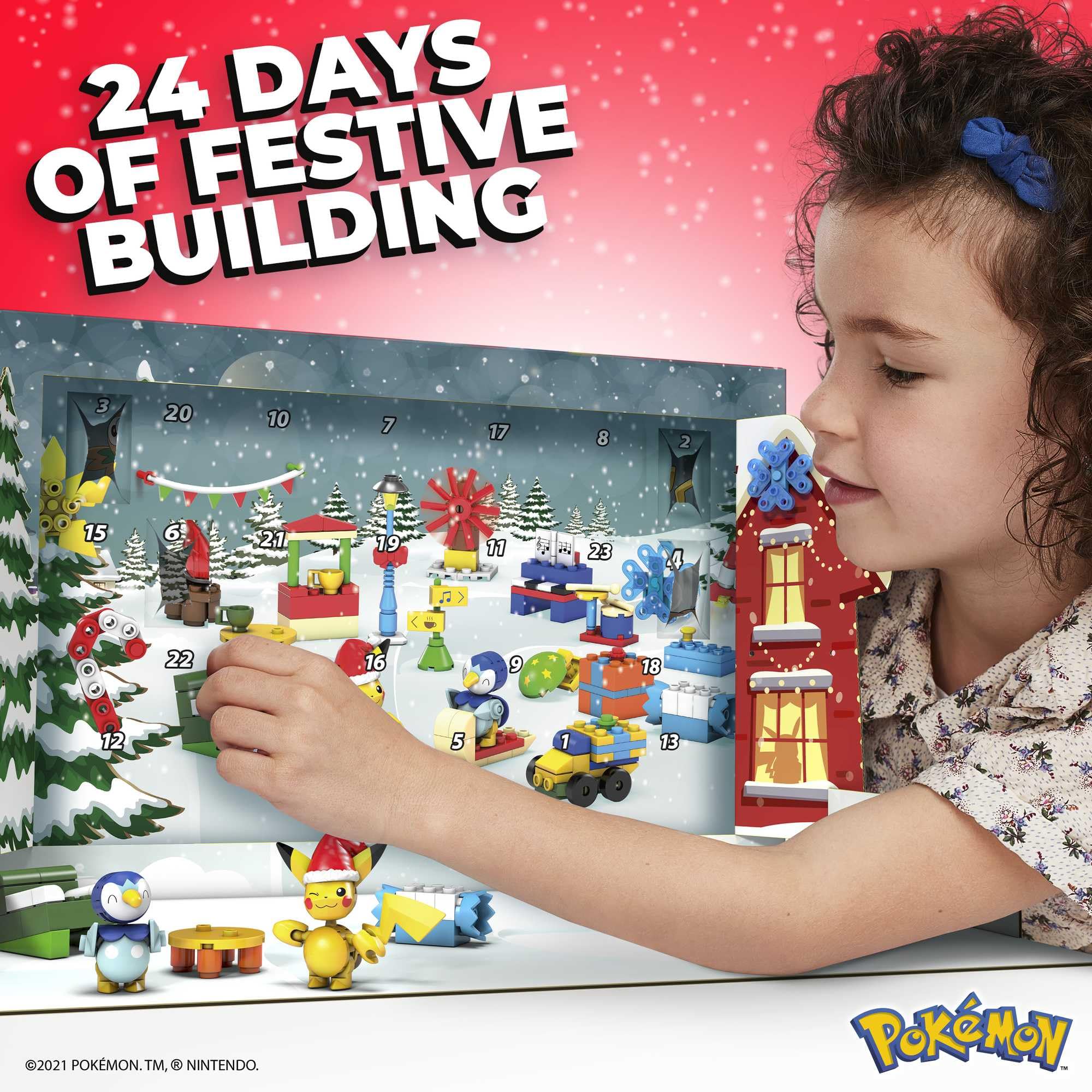 MEGA Pokémon Building Toys Set - 24-Day Holiday Calendar with 202 Pieces, Pikachu & Piplup Figures 6