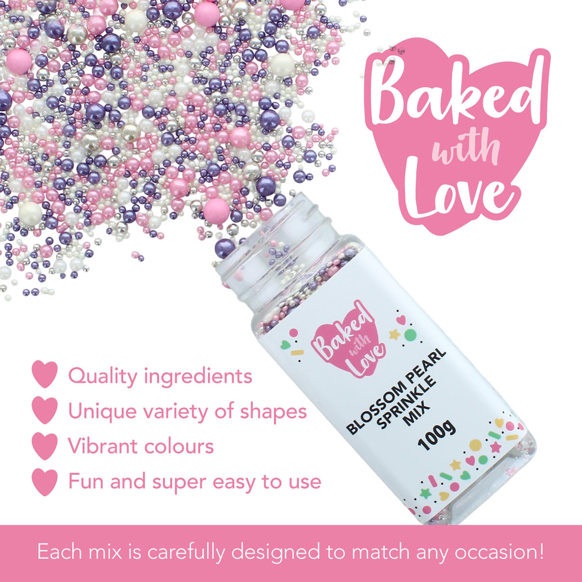 Baked with Love Blossom Pearl Sprinkles - Pink, Purple, Silver Sugar Balls | 100g Resealable Bottle