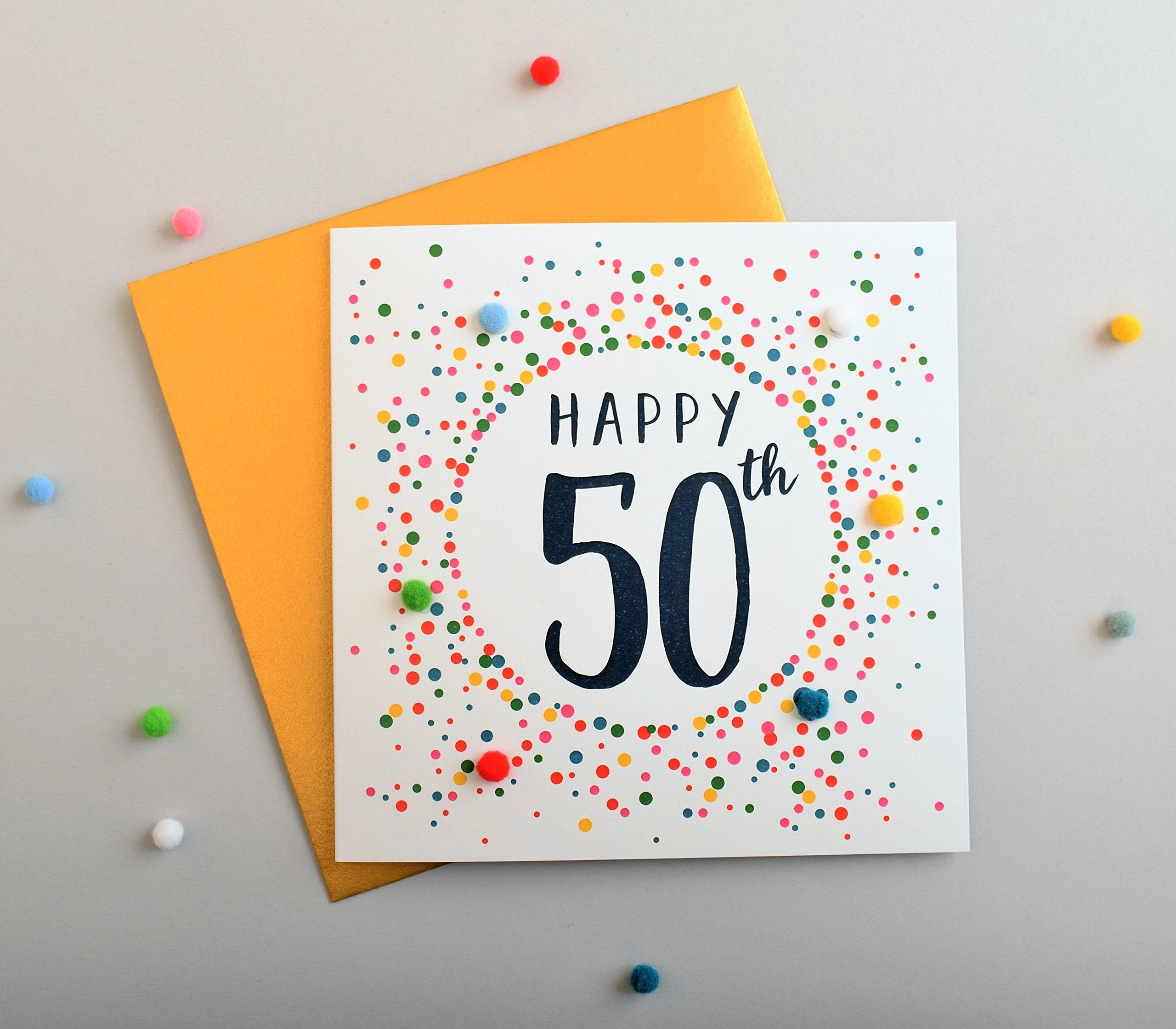 Claire Giles Greeting Cards - Dotty Age 50 Birthday Card with Colourful Pompoms | 150x150mm