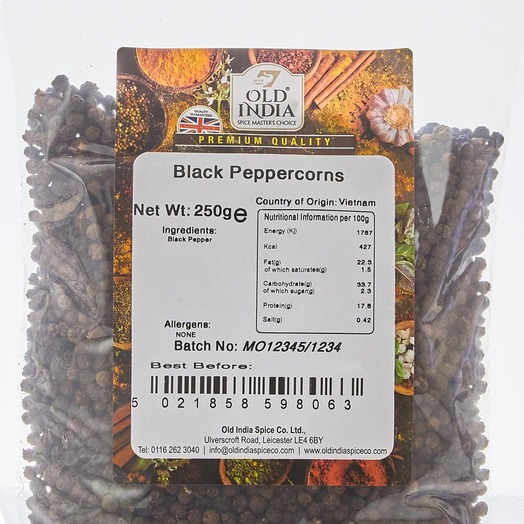 Old India Black Peppercorns 250g - Pure, Natural Spices for Cooking