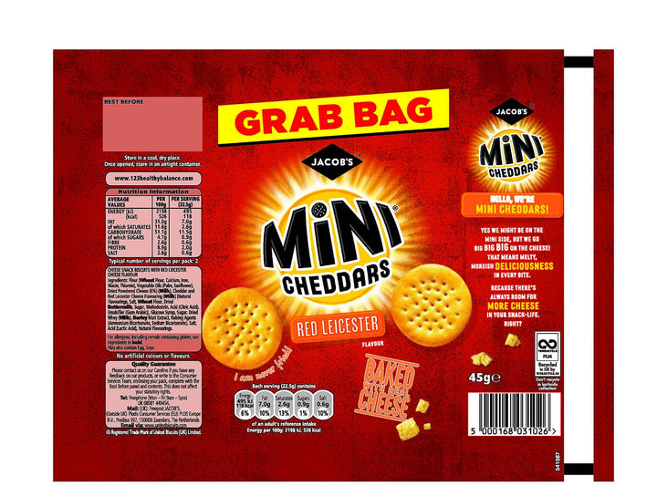 Jacob's Mini Cheddars Red Leicester Grab Bag, 45g (Pack of 30)