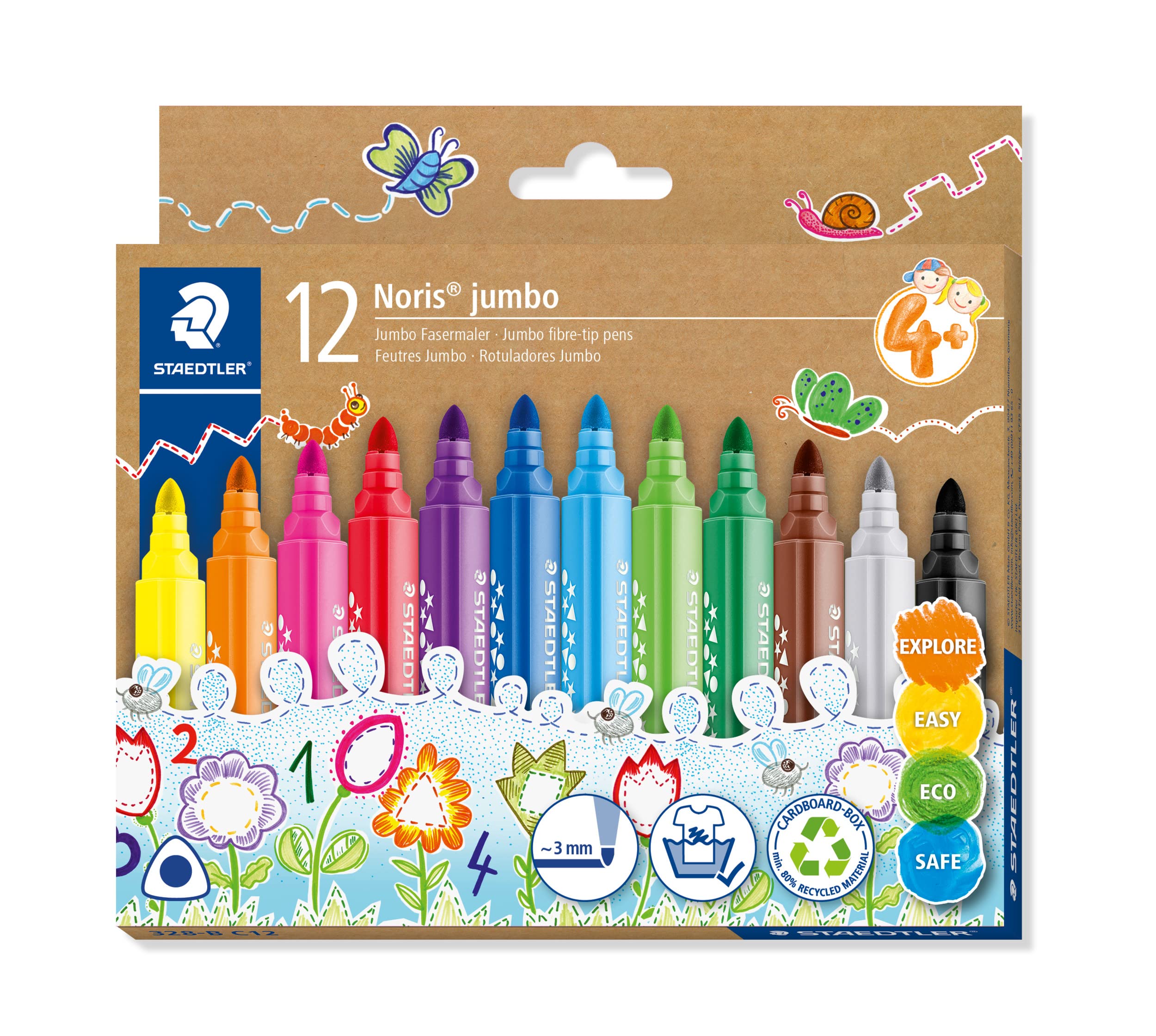 STAEDTLER Noris Jumbo Colouring Markers - Chunky Triangular Barrel | Washable Ink | 12 Assorted Colours