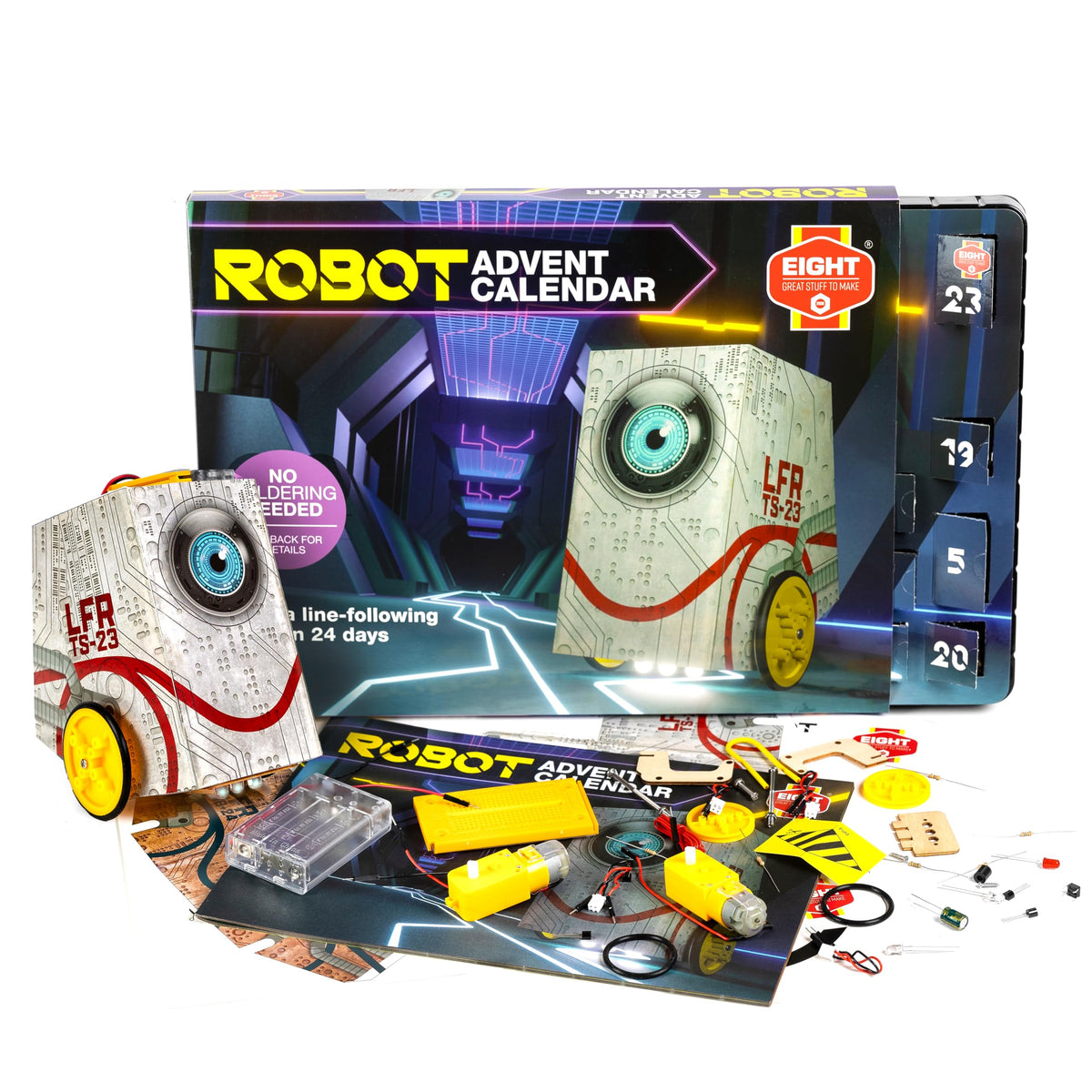 EIGHT Advent Calendar Kit - Build Your Own Line-Following Robot | 24 Steps | Cardboard Construction