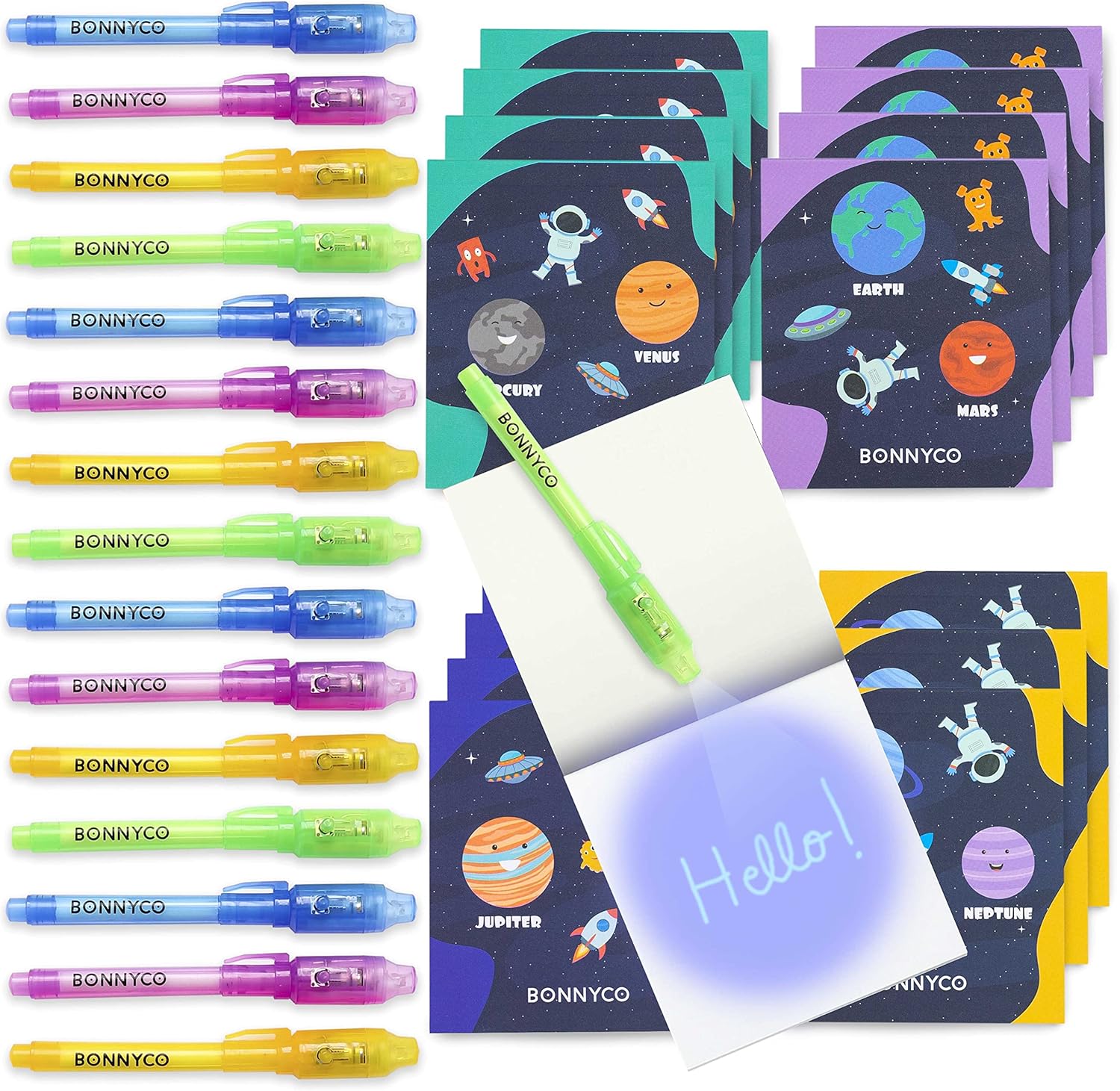 BONNYCO Invisible Ink Pen and Notebook Set - 16 Pack Space Party Bag Fillers with UV Light 1