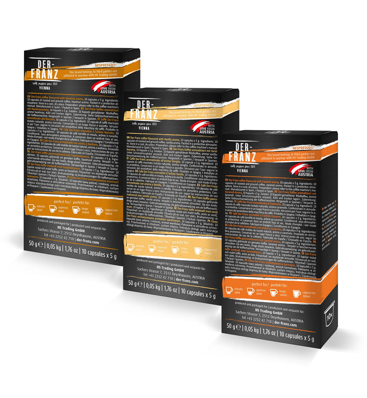 Der-Franz Hazelnut, Vanilla and Caramel Flavored Coffee Capsules, 120 Count (12x10) - Nespresso Compatible