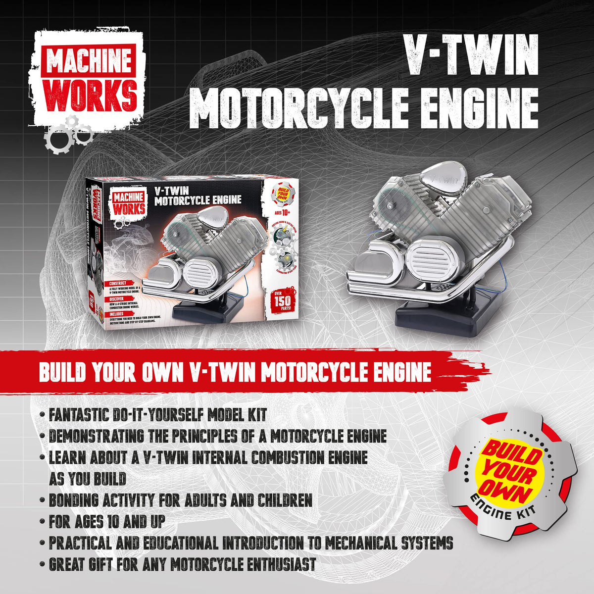 Machine Works Build Your Own V-Twin Motorcycle Engine Model Kit - 150+ Pieces