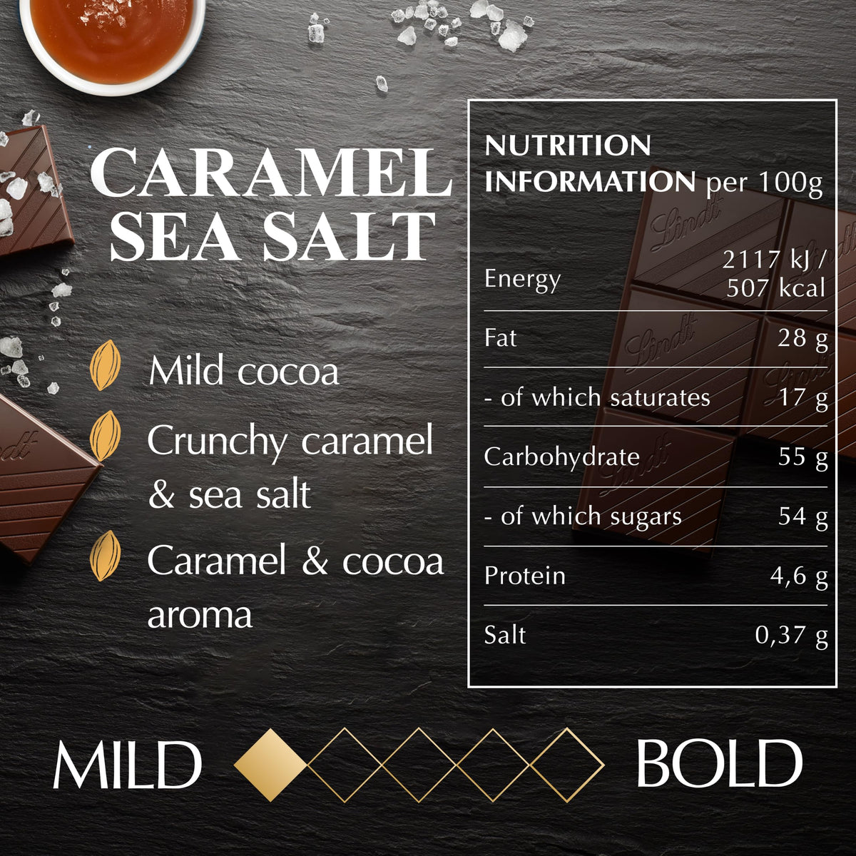 Lindt Excellence Dark Caramel Chocolate Bar with a Touch of Sea Salt - 100 g