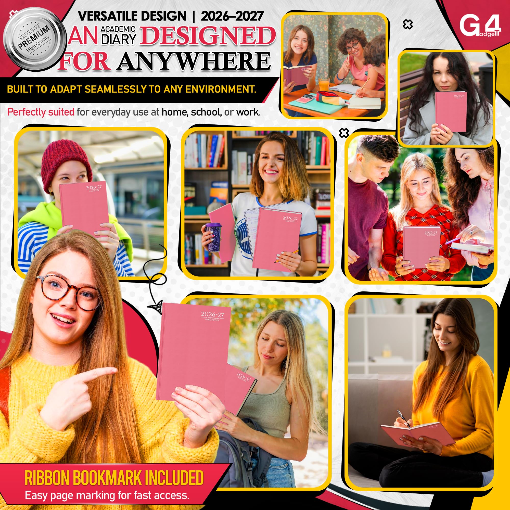 G4GADGET 2026-2027 Academic Diary - A4 Week To View Pink Hardback | August 2026 to July 2027 5