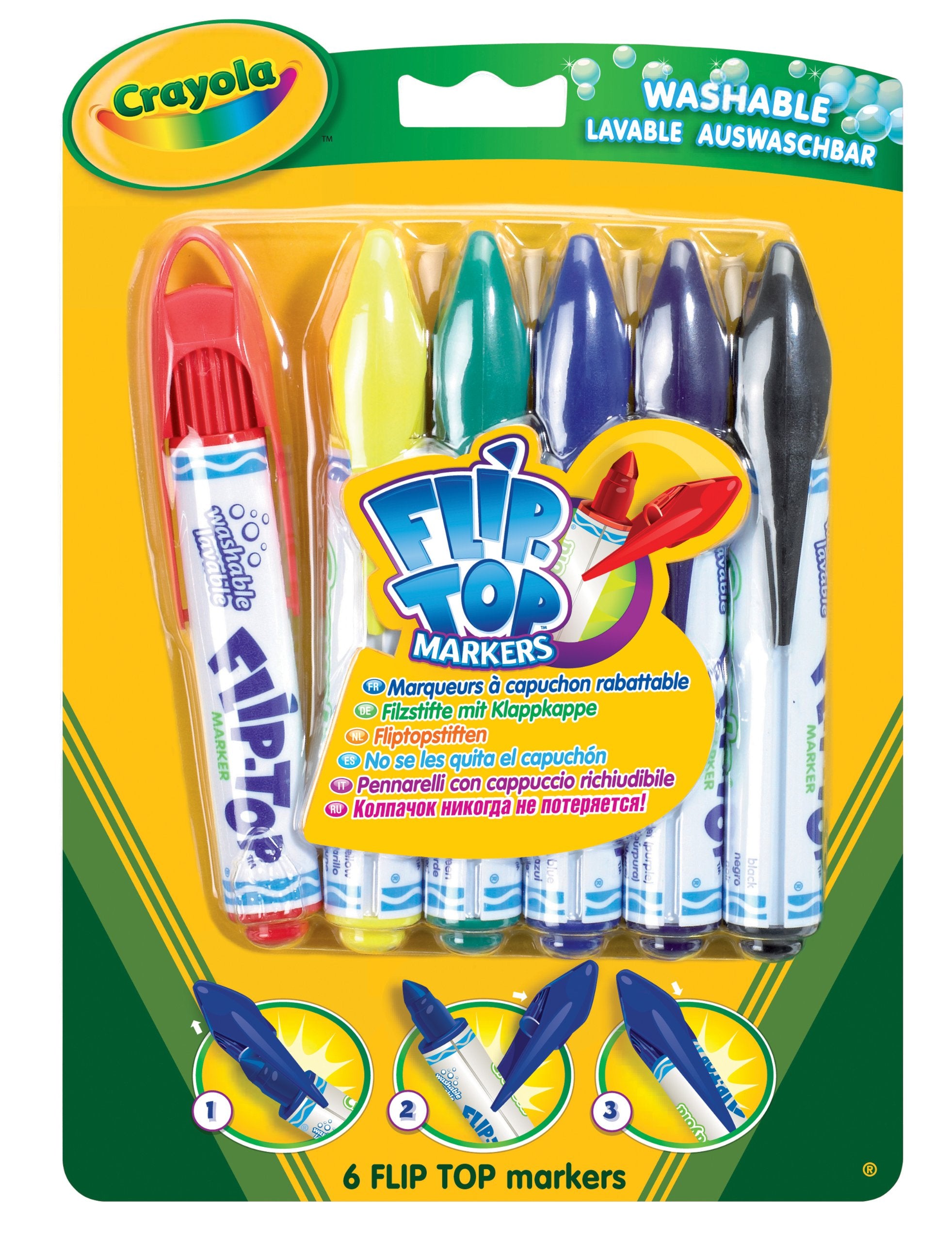 CRAYOLA Flip Top Washable Markers - 6 Assorted Colours | Unique Flip Top Lid | Ages 3+