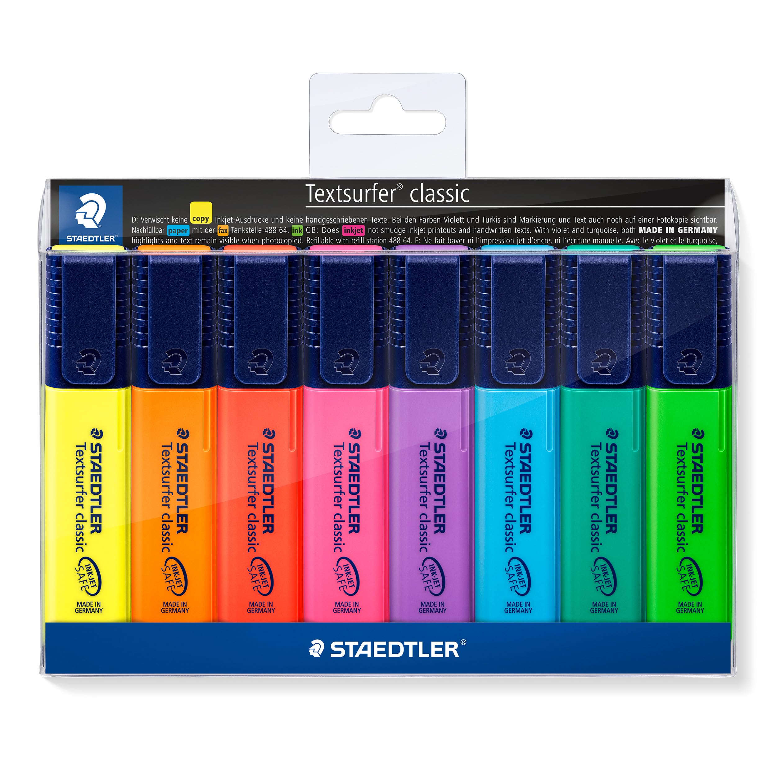 STAEDTLER Textsurfer Classic Highlighter Pen 364 WP8 ST - Chisel Tip, Ink Jet Safe | Wallet of 8 Assorted Neon Colours 1