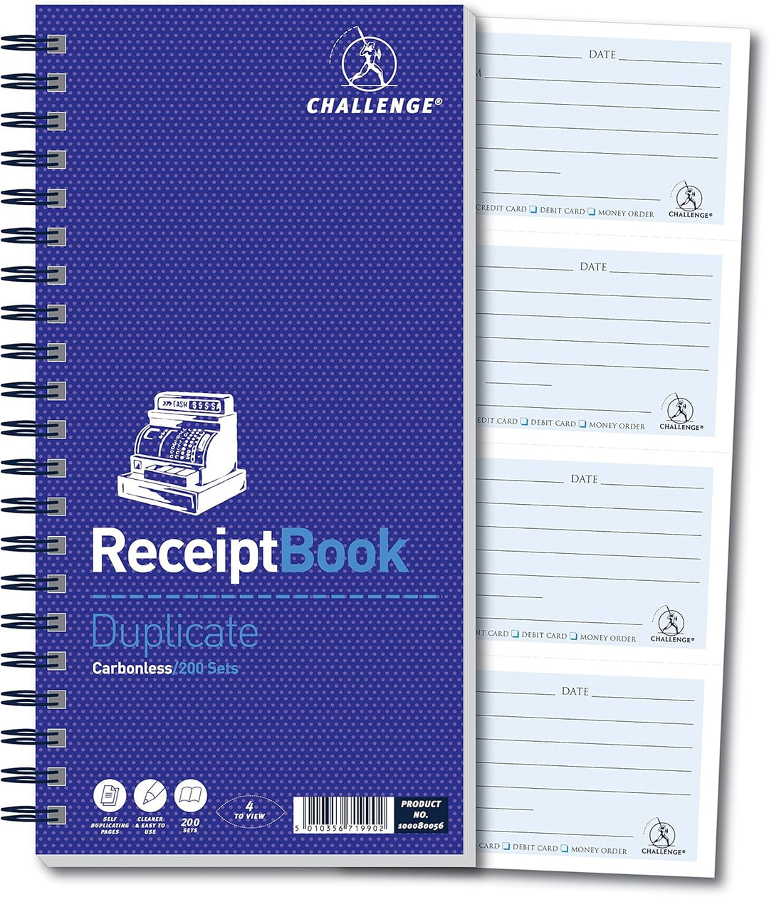 Challenge 280 x 141 mm Wirebound Receipt Book, 200 Sets, White - Challenge (Wirebound)