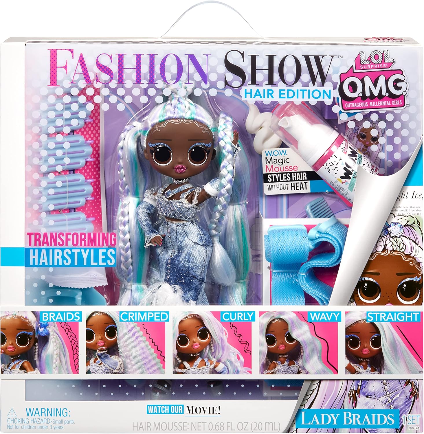 LOL Surprise OMG Fashion Show Hair Edition - Lady Braids 10" Doll with Transforming Hair & Accessories 9