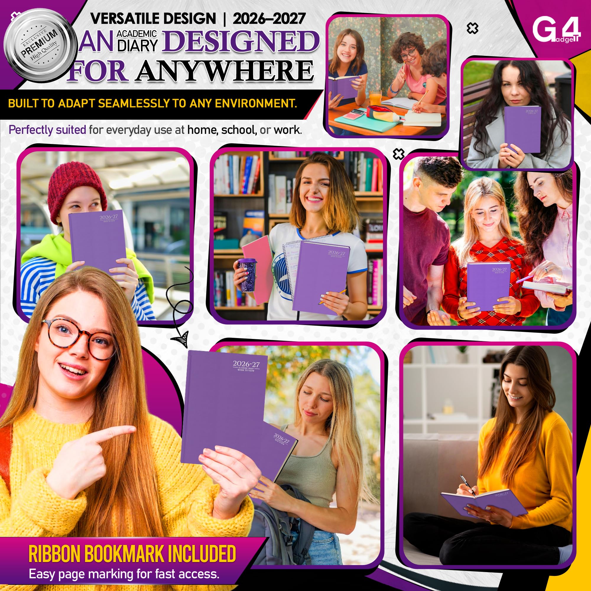 G4GADGET 2026-2027 Academic Diary - A5 Week To View Purple Hardback | August 2026 to July 2027 4