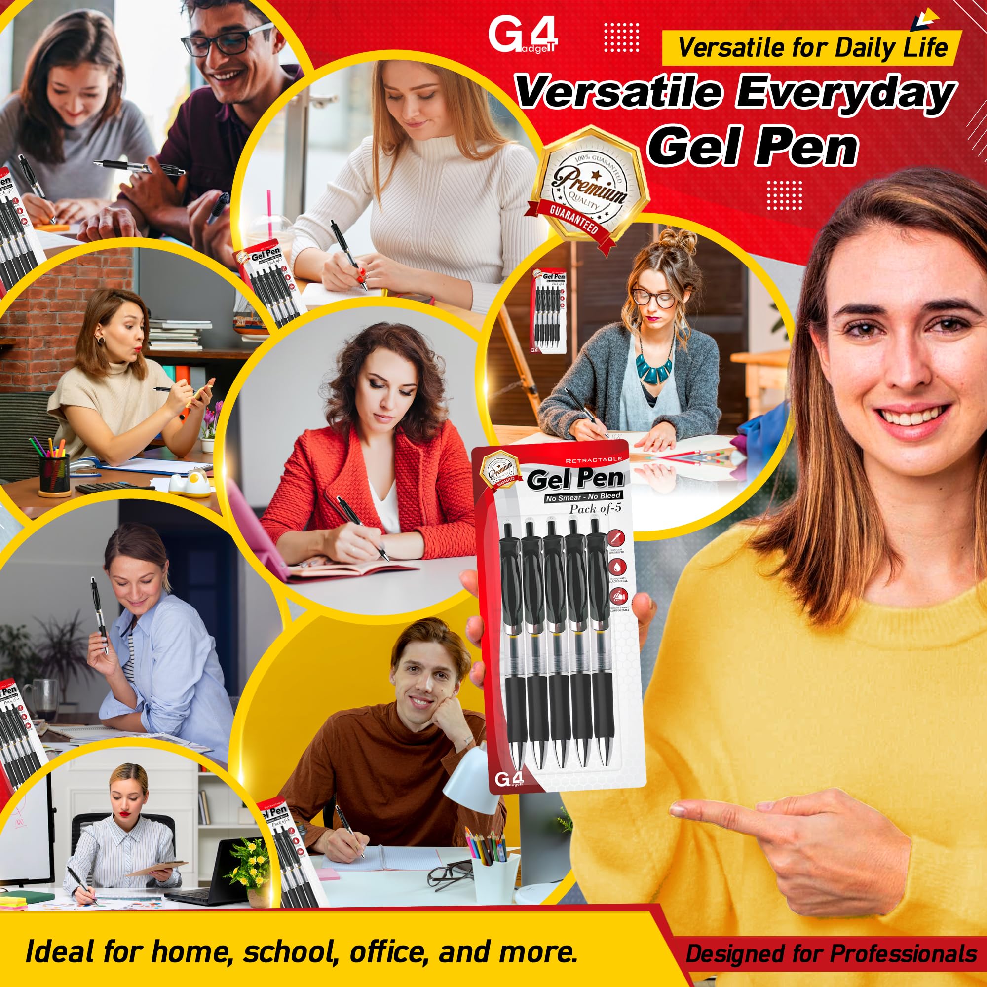 G4GADGET Gel Ink Rollerball Pens - 0.7mm Smooth Black Ink, Retractable Click, Comfort Grip | 5 Pack 4