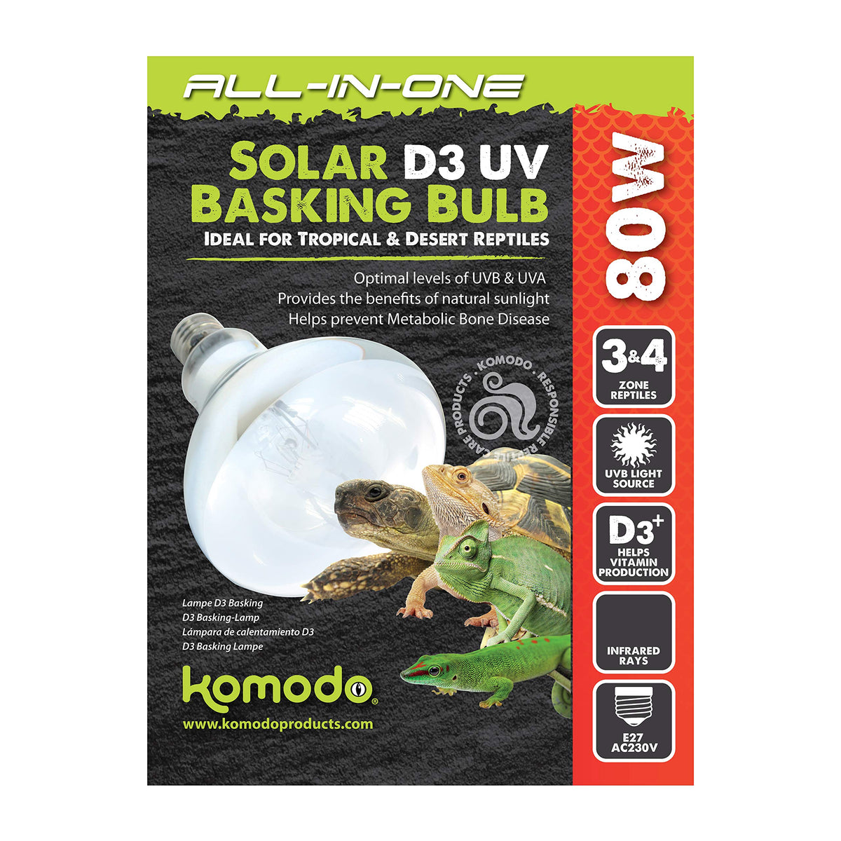Komodo Solar D3 UV Basking Bulb - Heat and Light, 80W