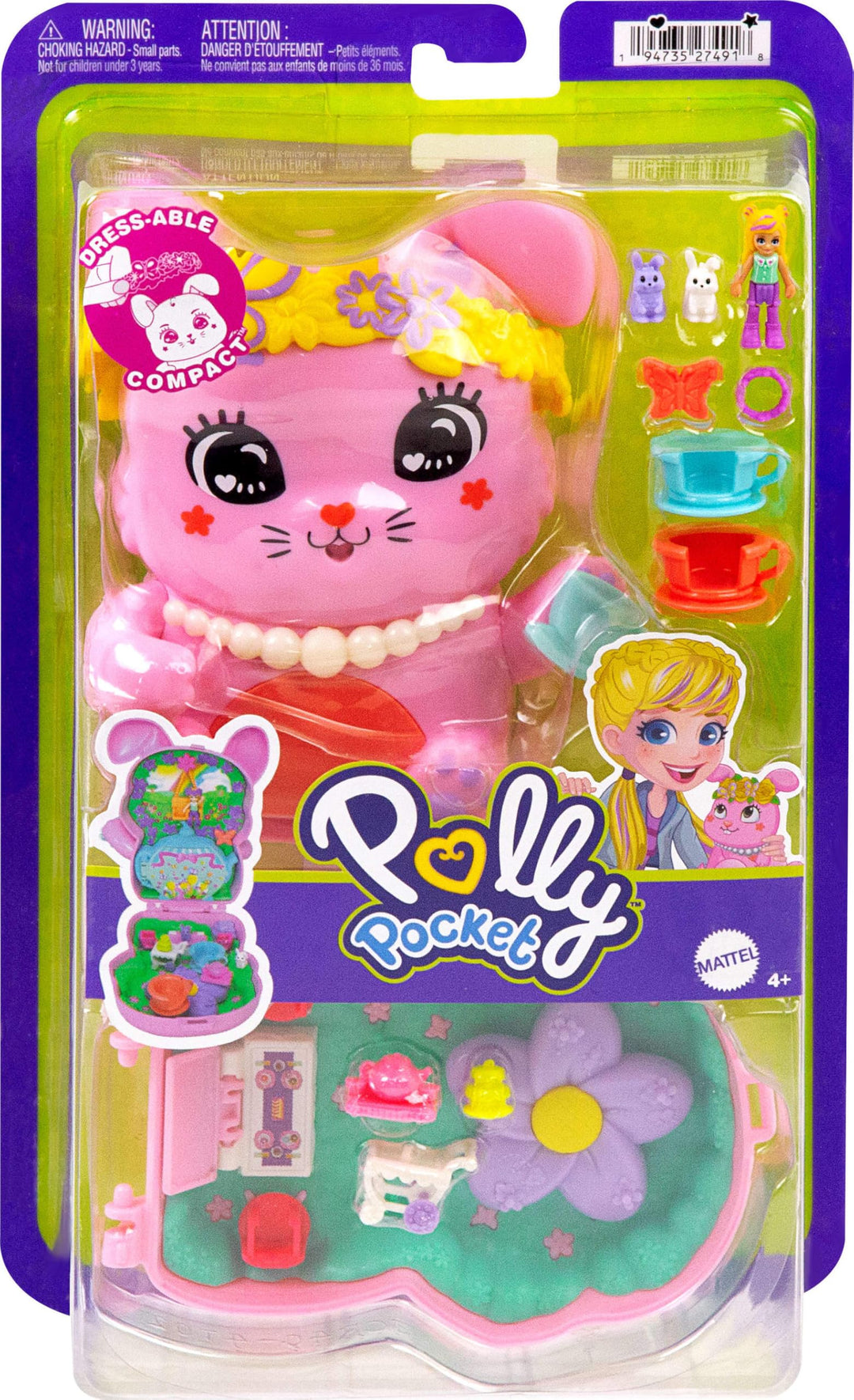 Polly Pocket Tea Party Bunny Compact Playset - Doll with 10 Accessories & 2 Pet Bunnies, Ages 4+