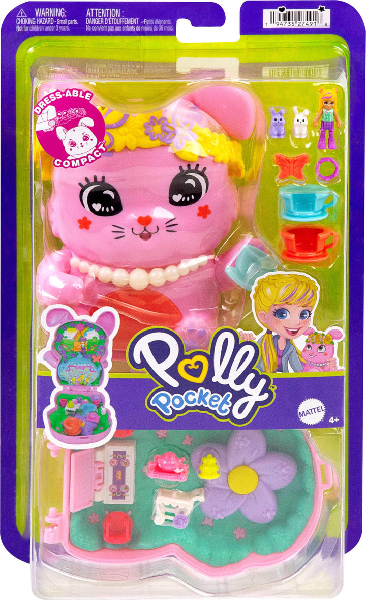 Polly Pocket Tea Party Bunny Compact Playset - Doll with 10 Accessories & 2 Pet Bunnies, Ages 4+